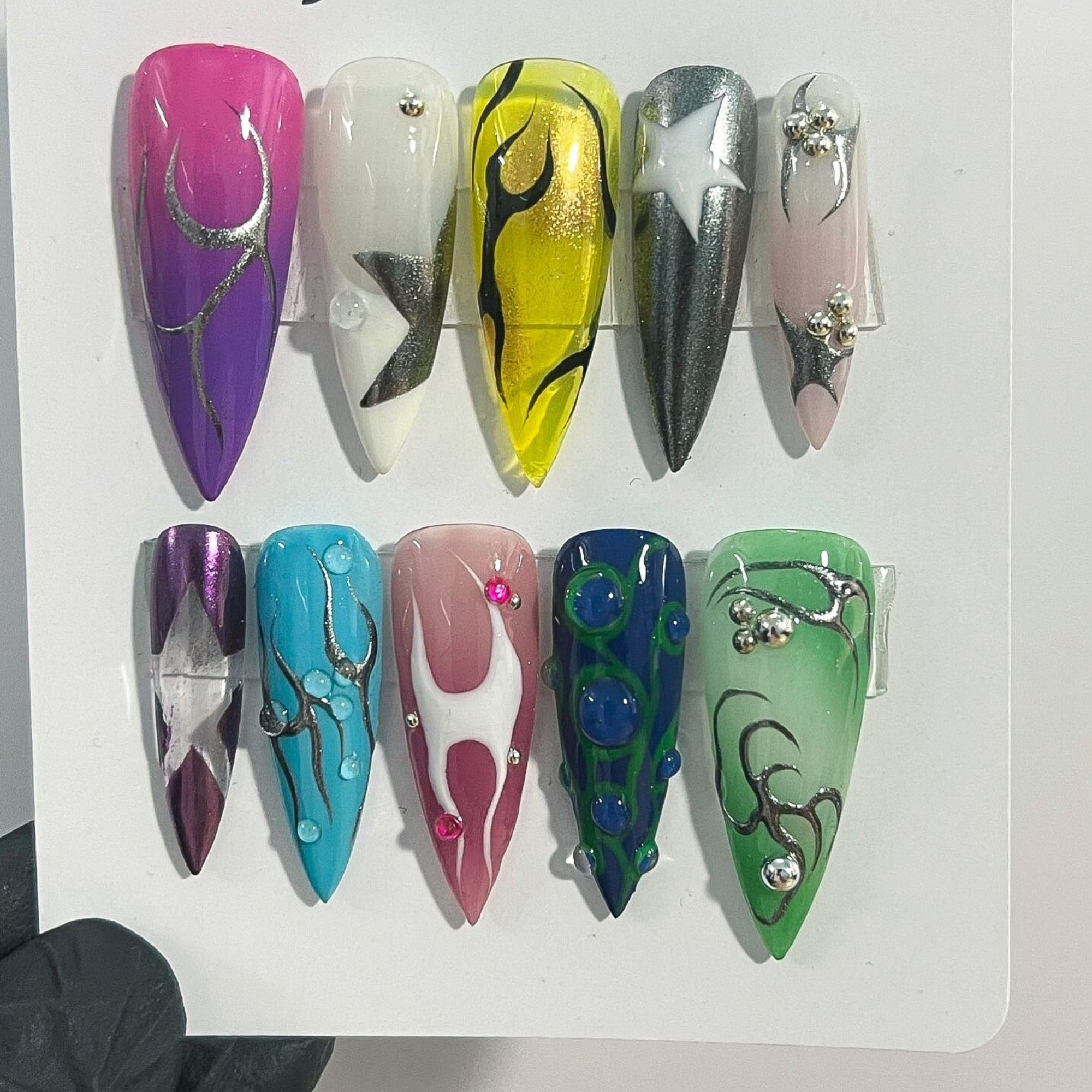Free Style Multi Colour Metallic Silver Chrome Press On Nails Goth, Handpainted Gothic Short Stiletto Nails, Y2K Emo Fake Nails