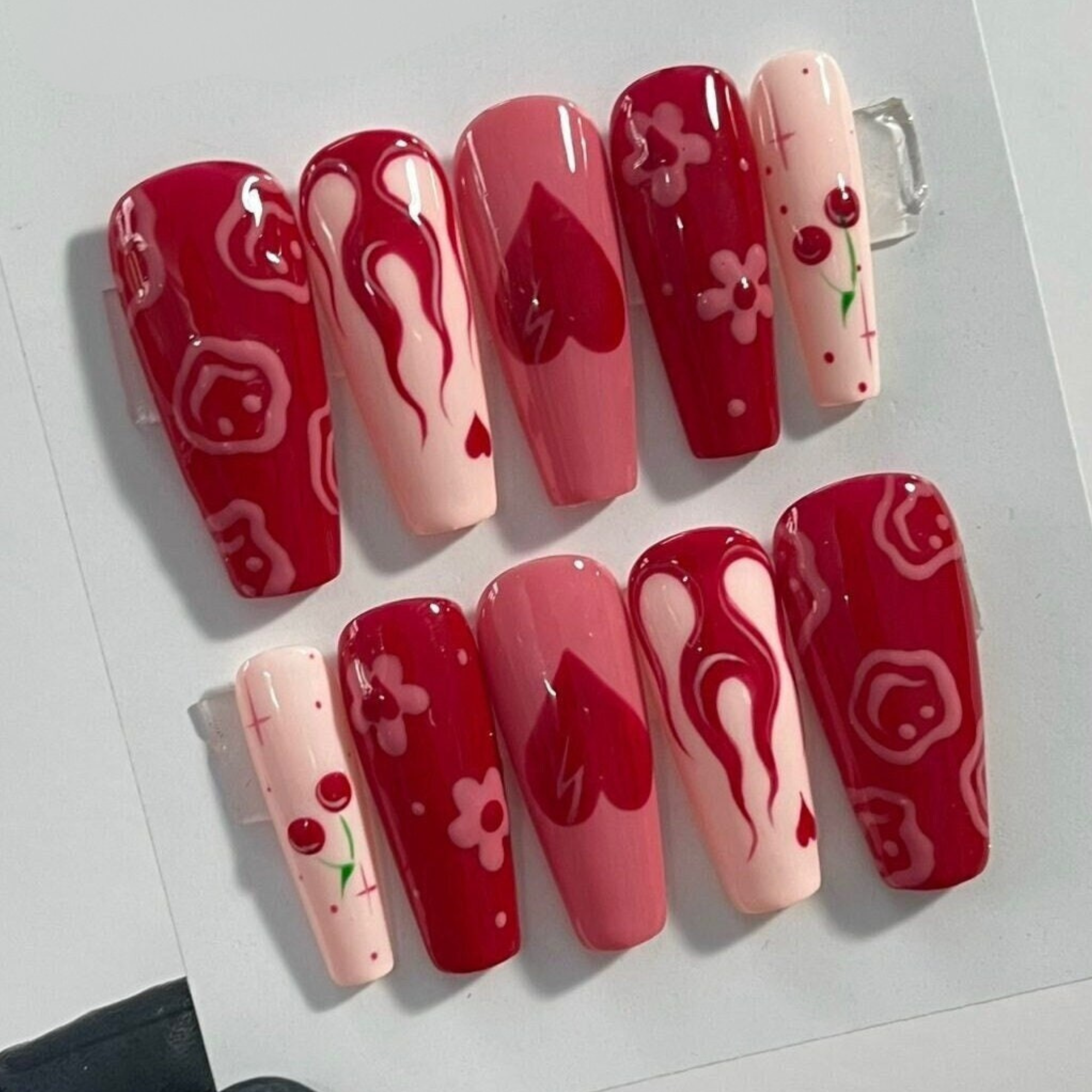 Flaming, Cherry and Heart in Red & Pink Almond Press On Nails, Valentine Nail Cute, Fake Nails, False Nails, Glue on Nails, Gel Nail Art