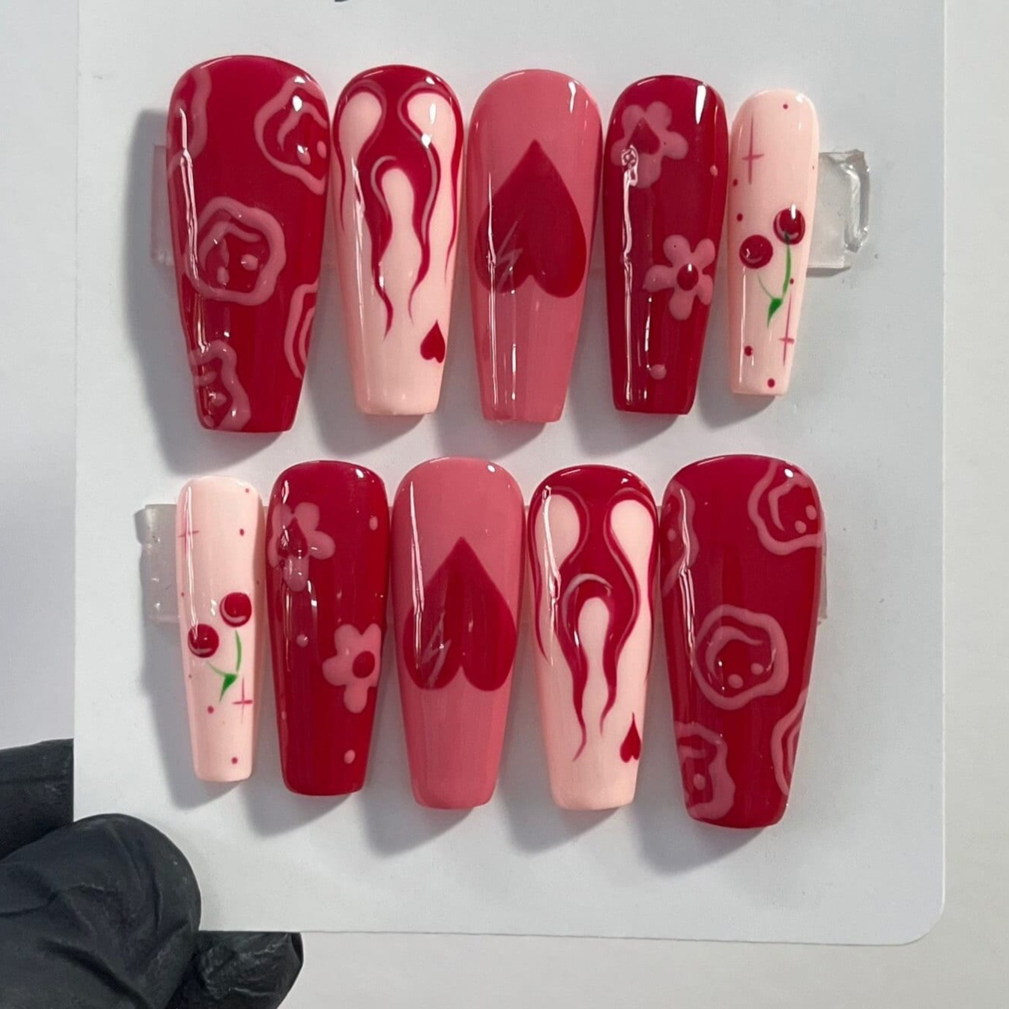 Flaming, Cherry and Heart in Red & Pink Almond Press On Nails, Valentine Nail Cute, Fake Nails, False Nails, Glue on Nails, Gel Nail Art