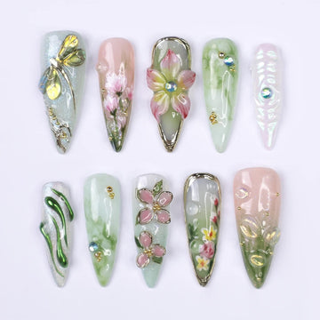 Press On Nails Dragonfly with Pink Flower