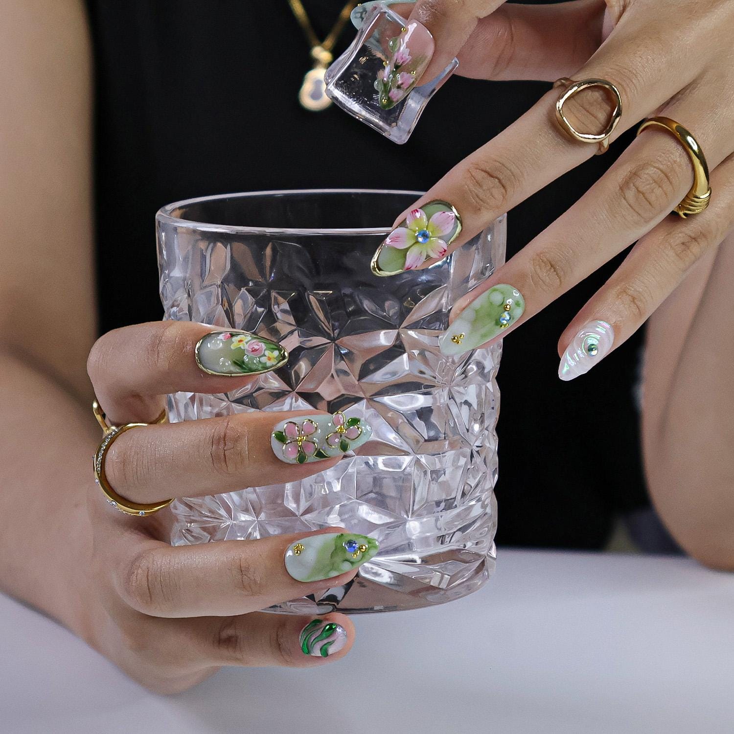 Press On Nails Dragonfly with Pink Flower