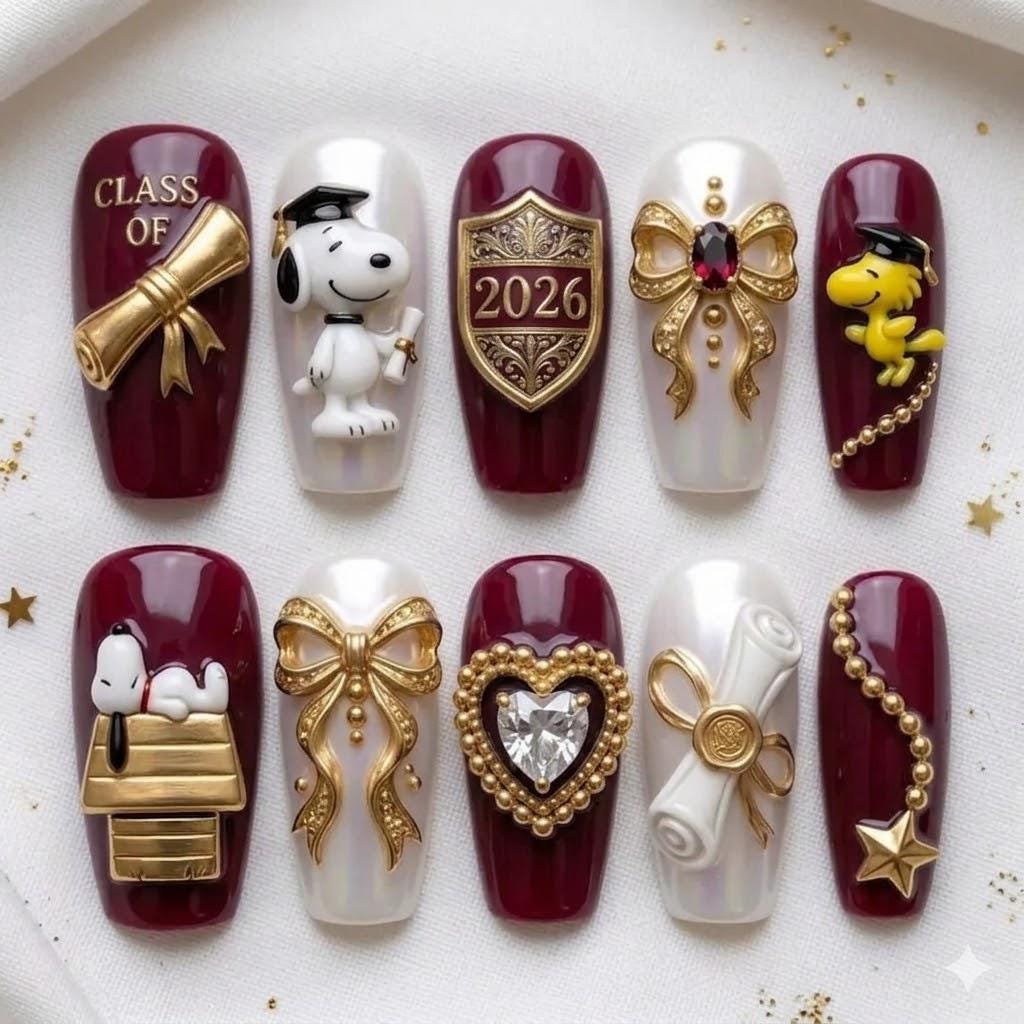 Luxury Graduation 2026 3D Snoopy Diploma Press-on Nails