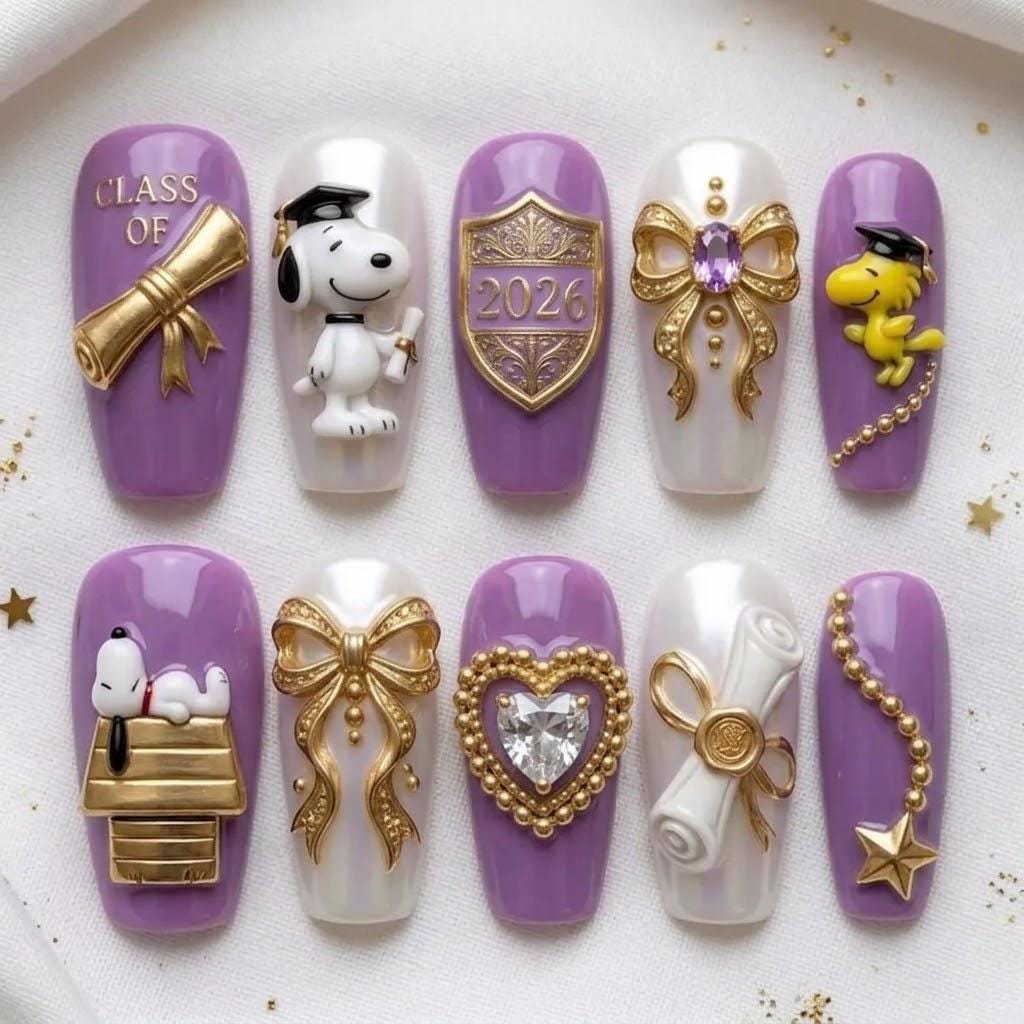 Luxury Graduation 2026 3D Snoopy Diploma Press-on Nails