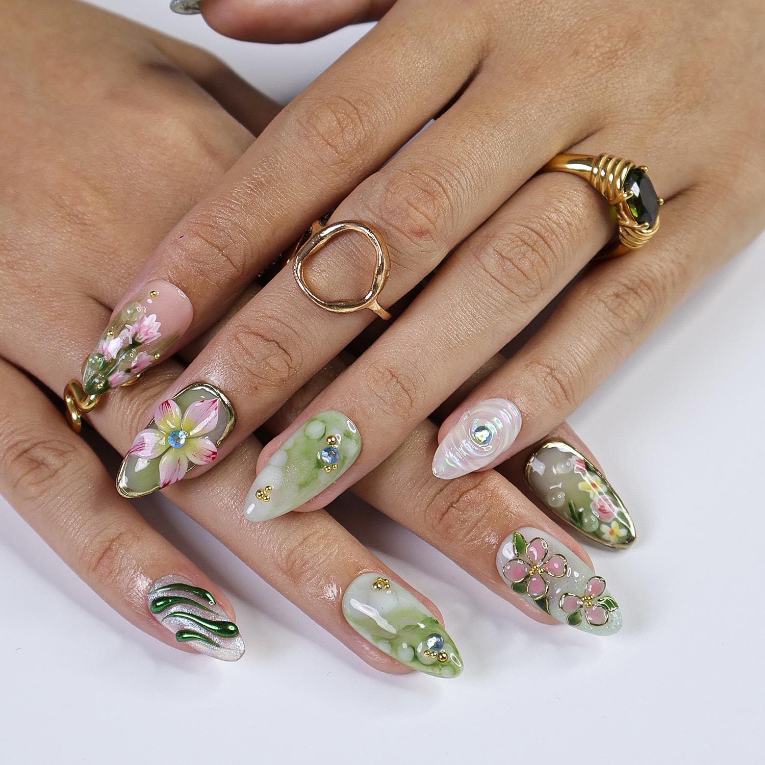 Press On Nails Dragonfly with Pink Flower