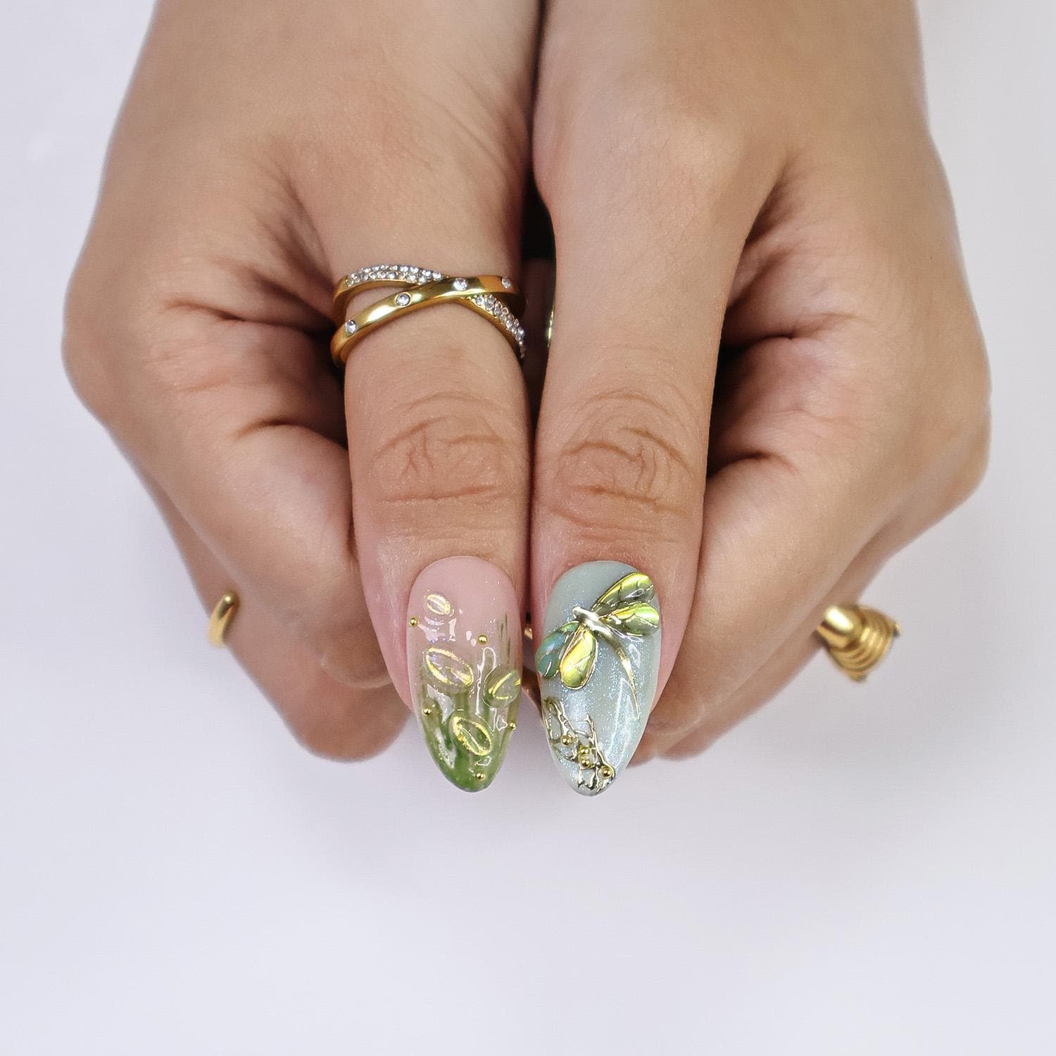 Press On Nails Dragonfly with Pink Flower