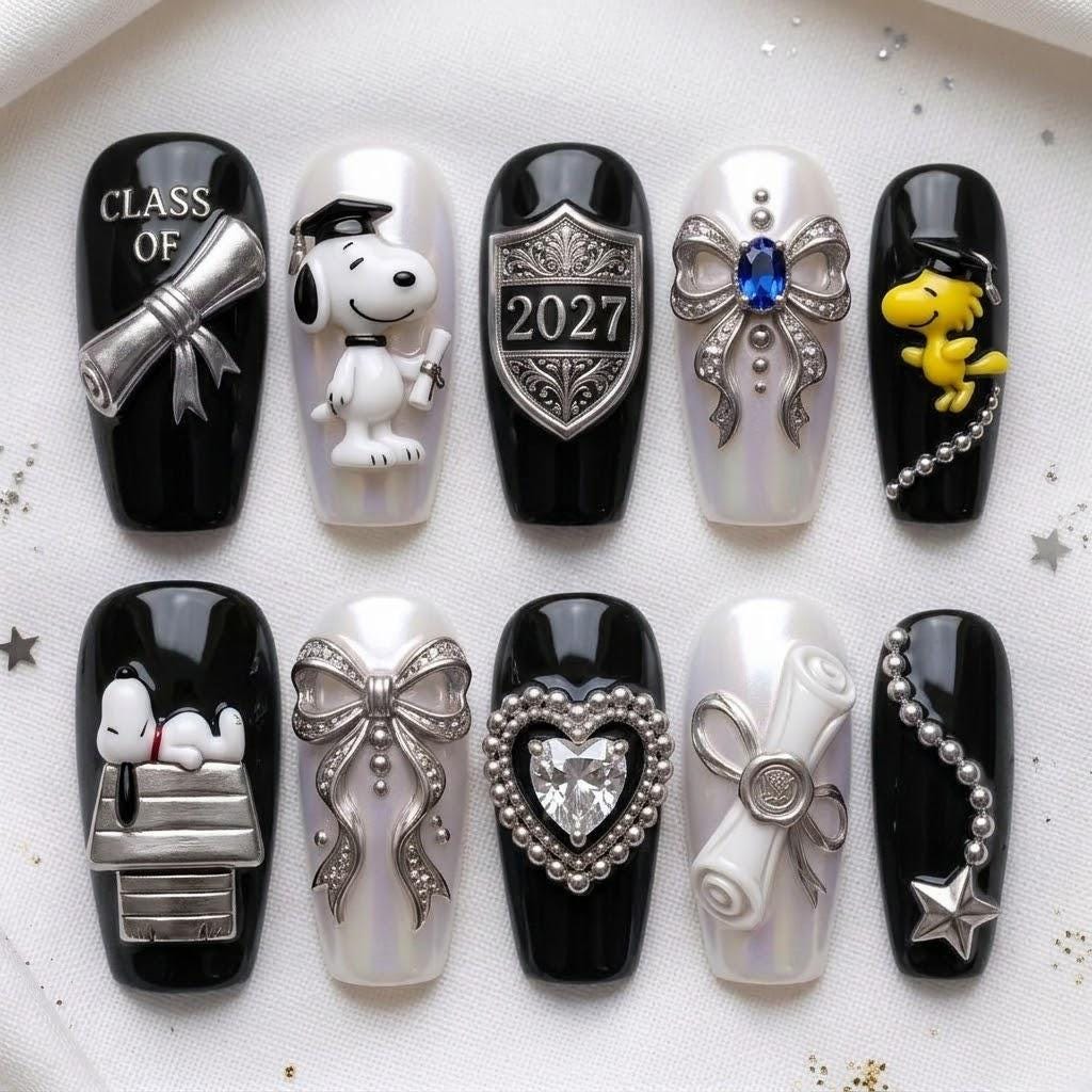 Luxury Graduation 2026 3D Snoopy Diploma Press-on Nails