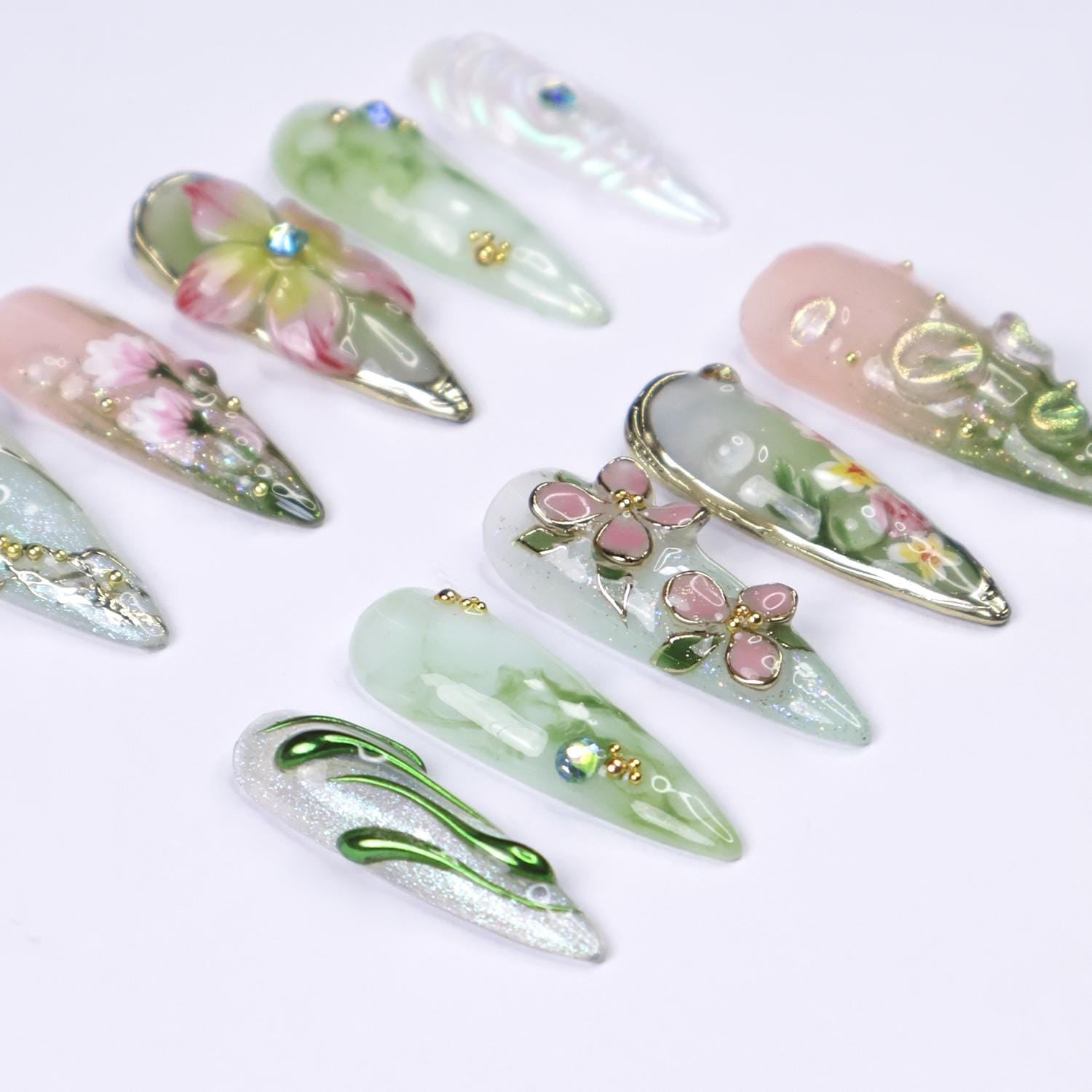Press On Nails Dragonfly with Pink Flower
