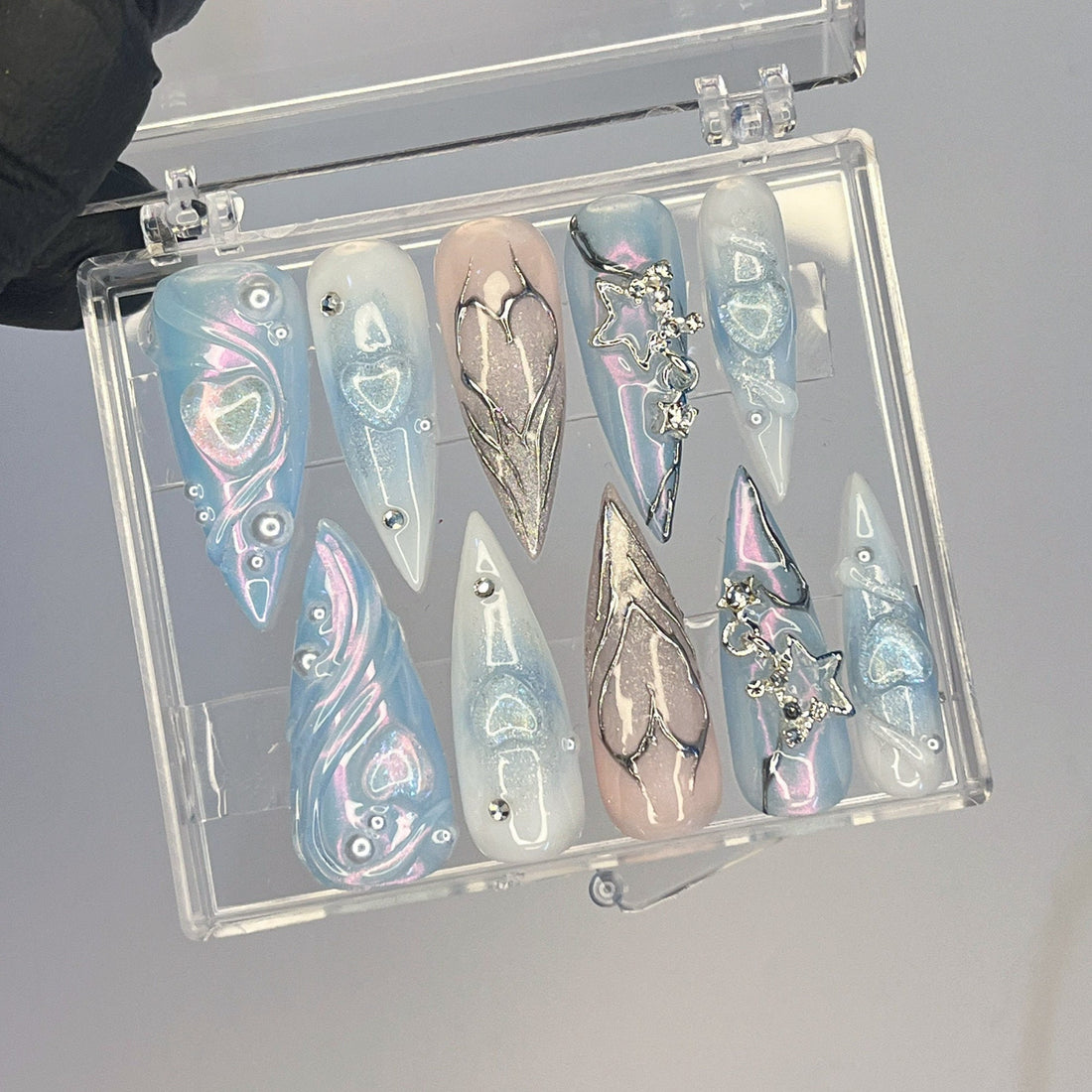 Free Style Mermaid 3D Gel Blue Almond Press On Nails, Handpainted Fake/False Nail, Event/Birthday/Prom/Holiday Nails Art