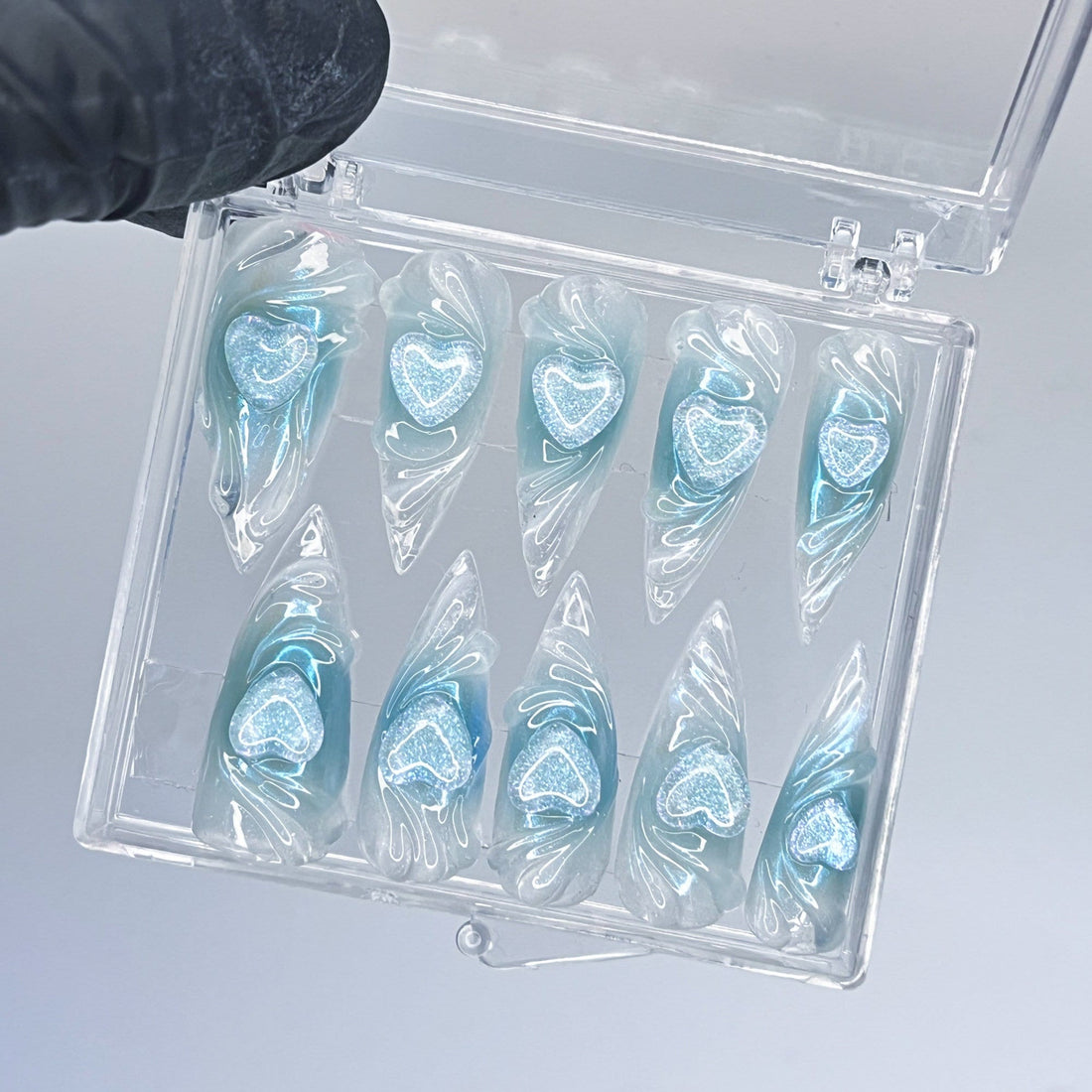 Blue Heart Theme 3D Gel Long Stiletto Press On Nails, Handmade Custom Fairy Core Nail, Kawaii Nails for Event Birthday, Perfect Gift for Her