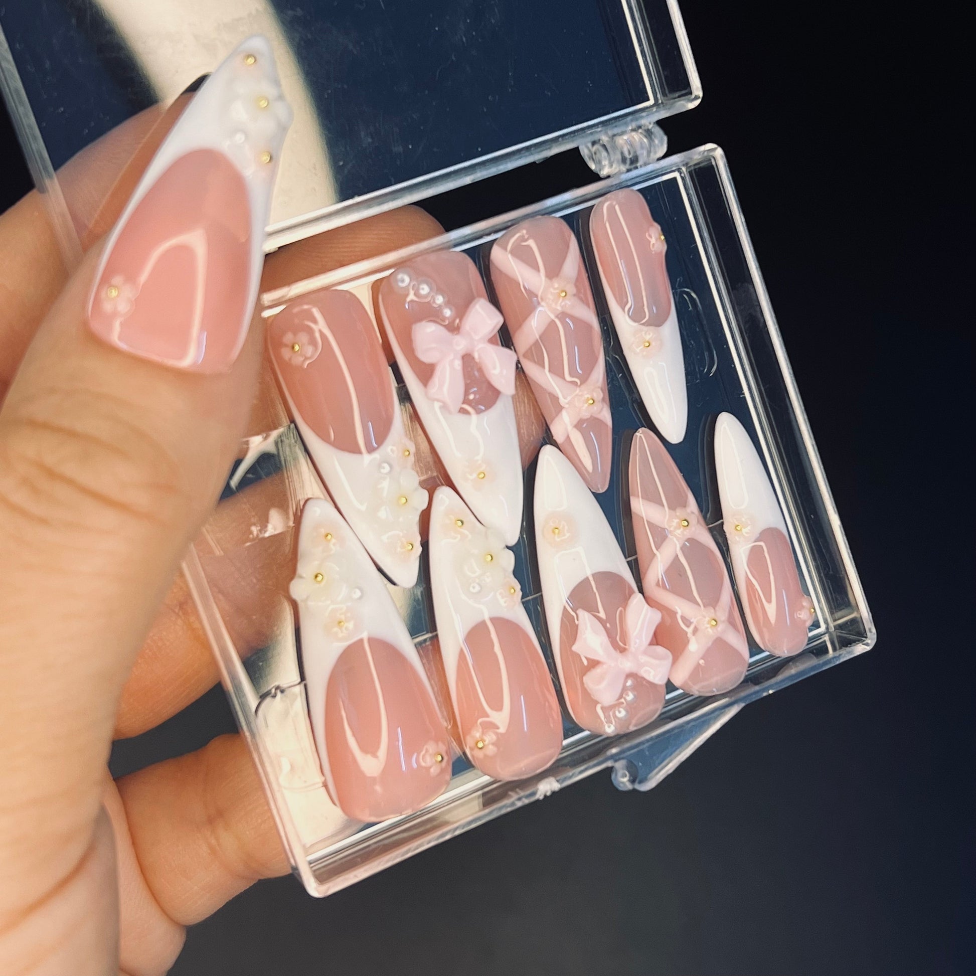 Blush Pink Ballerina 3D Gel Long Stiletto Press On Nails, Cute Design Fake Nails, Elegance Nail Art for Birthday, Holiday, Party, Event