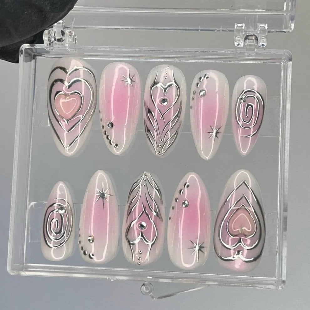 Aura Short Almond Press On Nails, Metallic Silver Fake Nails, Elegant Chrome Nails, Birthday Party  Holiday Nails