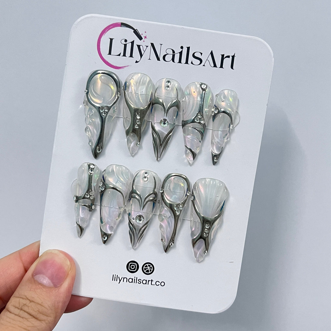 Elegant With Silver Chrome Nail & Pearl Long Stiletto Press On Nails, Handpainted Luxury Nail, Fake/False Nail, Y2K Nail Art