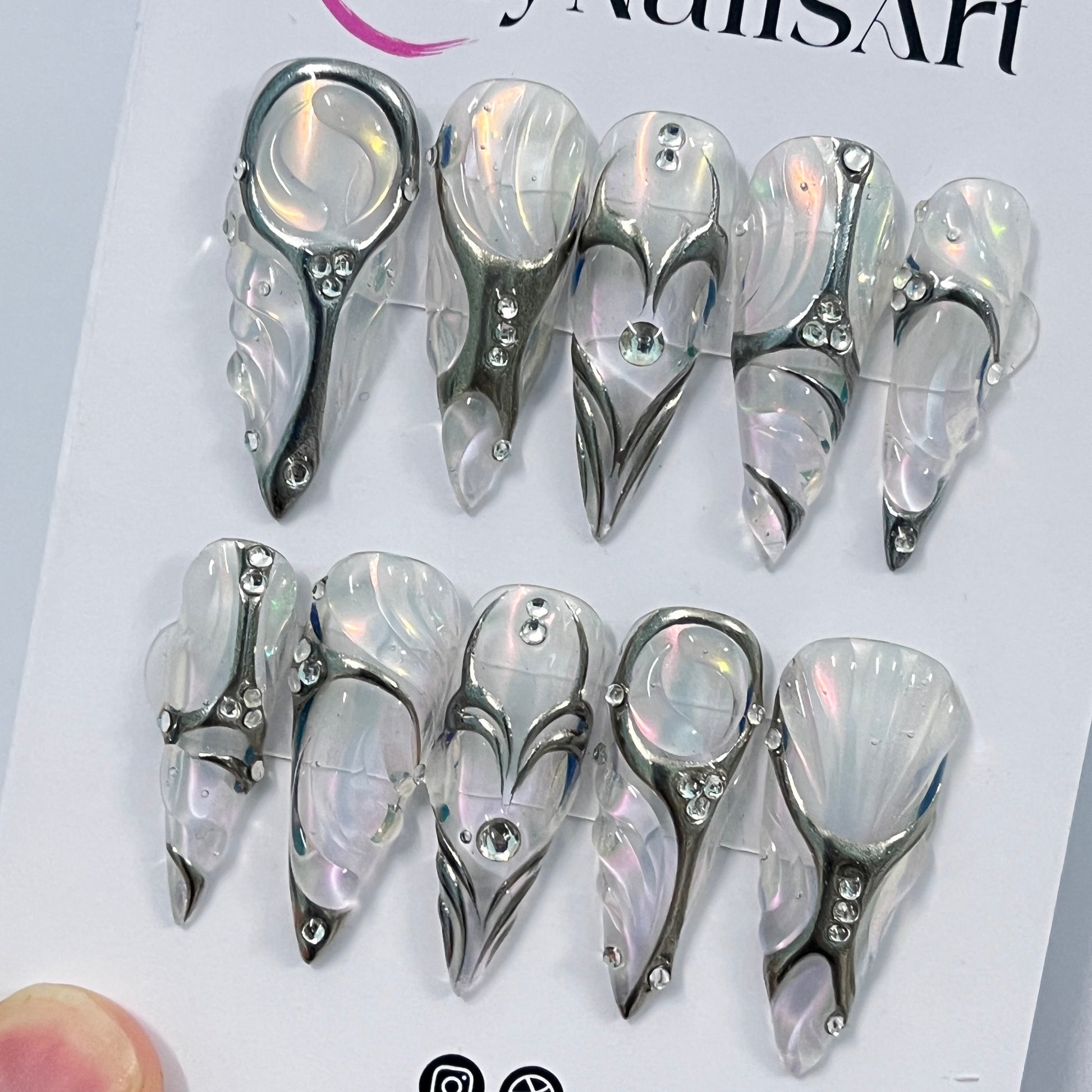 Elegant With Silver Chrome Nail & Pearl Long Stiletto Press On Nails, Handpainted Luxury Nail, Fake/False Nail, Y2K Nail Art
