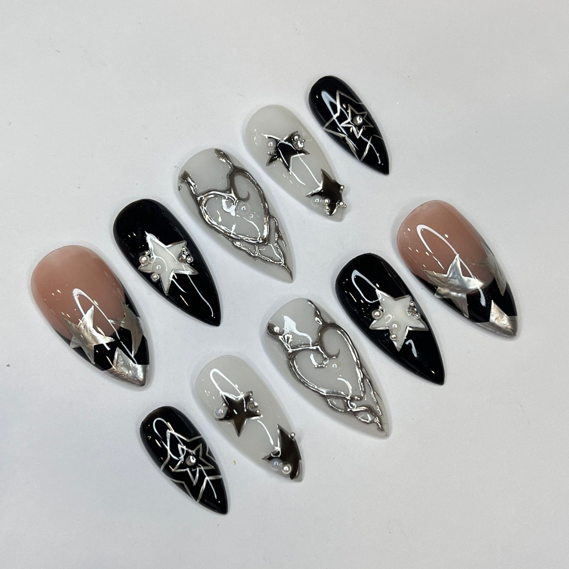 Freestyle Silver Stars Press On Nails, Elegant Fake Nails, Chrome Nails Art, Birthday Party Holiday Nails/ Valentine Nail Set