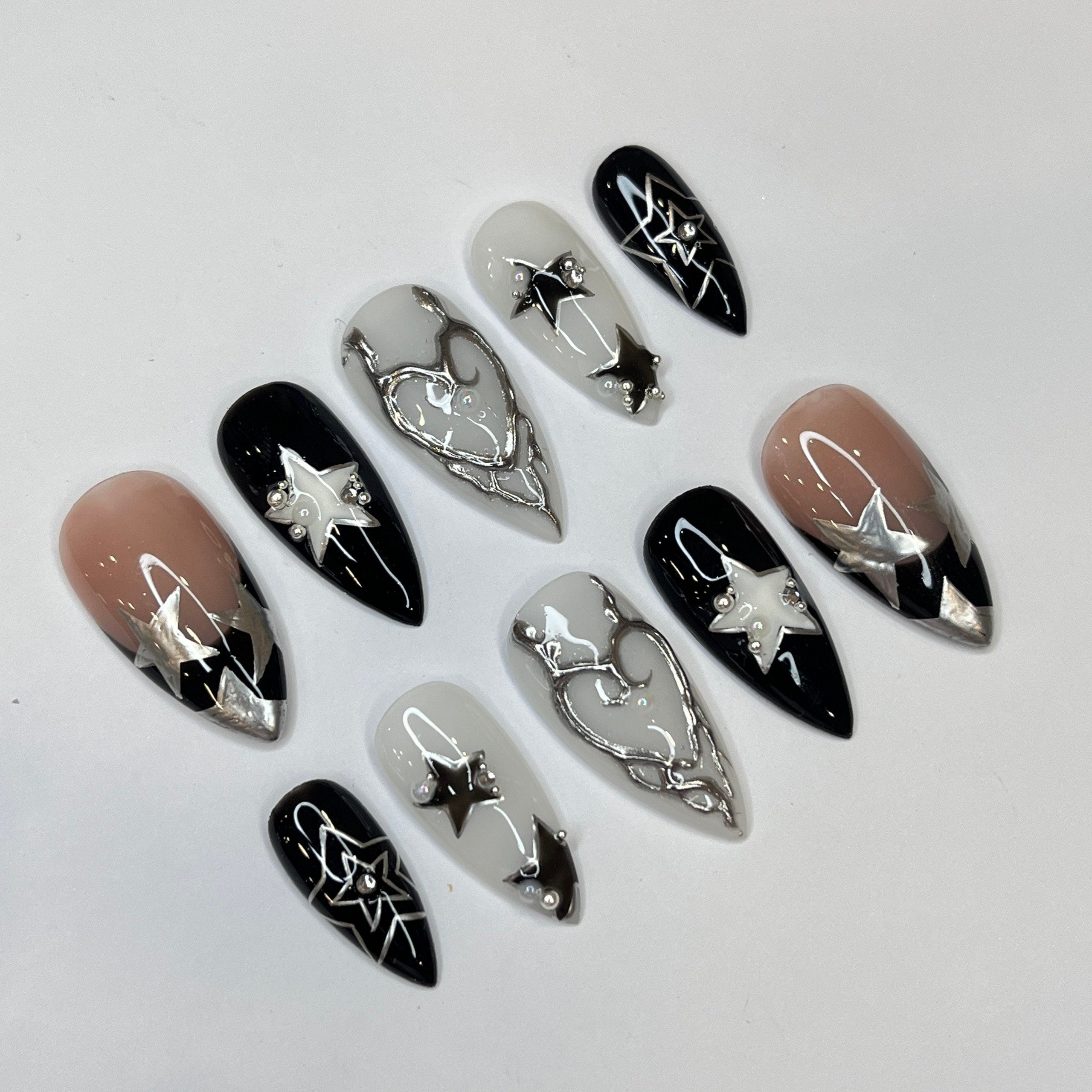 Freestyle Silver Stars Press On Nails, Elegant Fake Nails, Chrome Nails Art, Birthday Party Holiday Nails/ Valentine Nail Set
