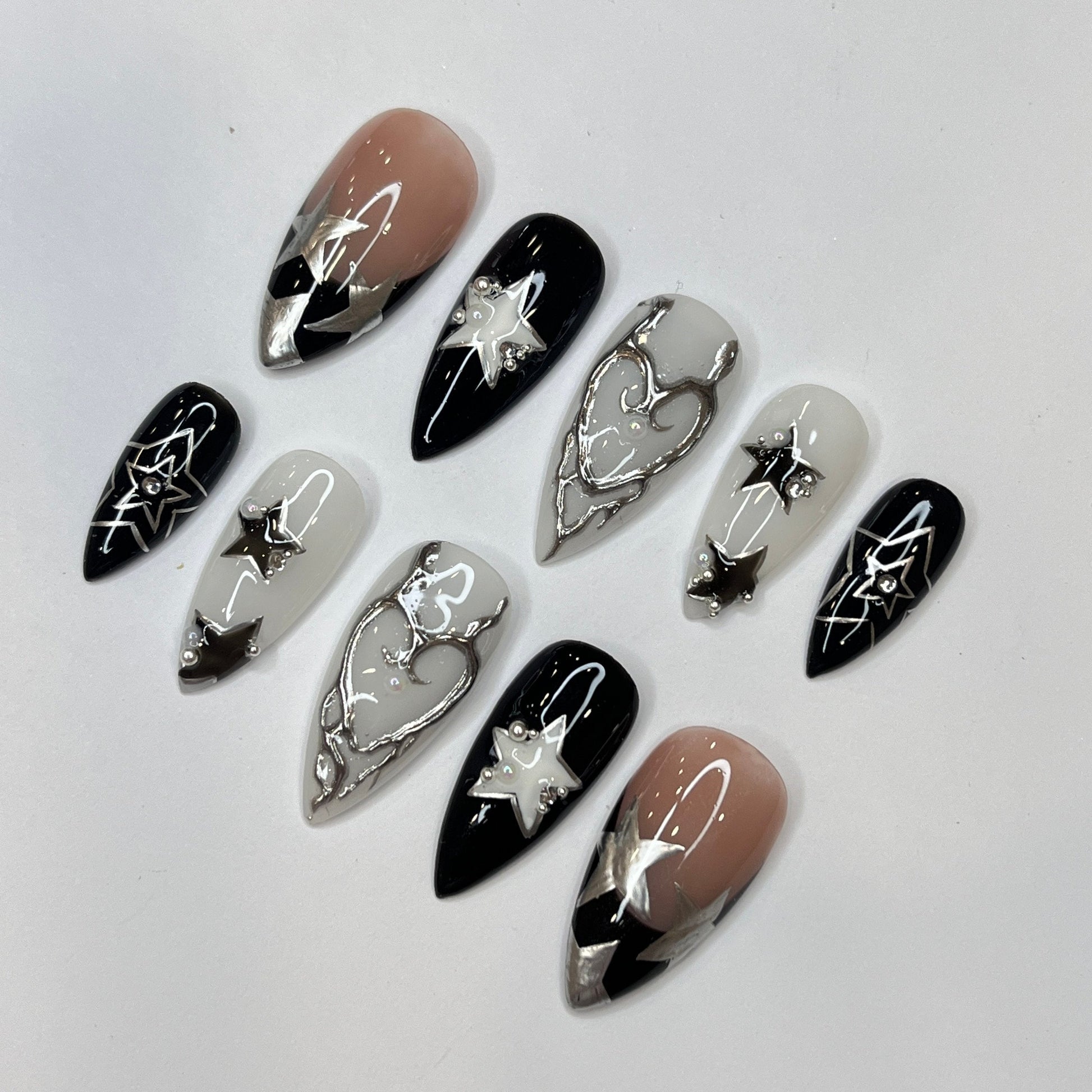 Freestyle Silver Stars Press On Nails, Elegant Fake Nails, Chrome Nails Art, Birthday Party Holiday Nails/ Valentine Nail Set