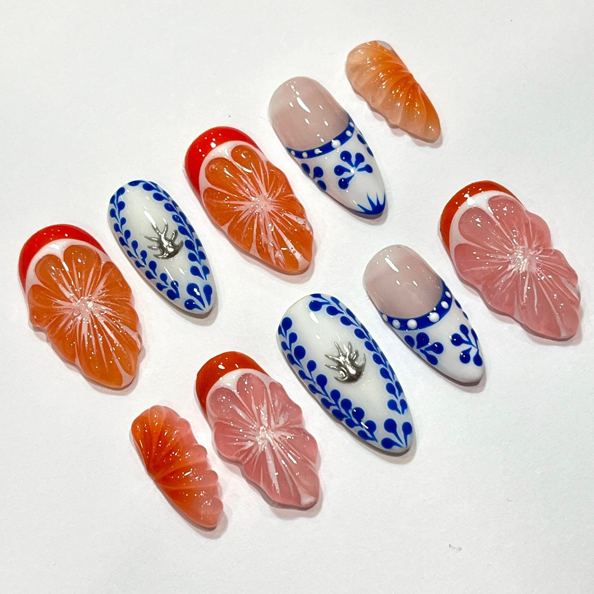 Free Style Summer Fruit  Almond Press On Nails, Handmade Fake Nails Nails, Unique Nails for Birthday Event Photograph Holiday Birthday