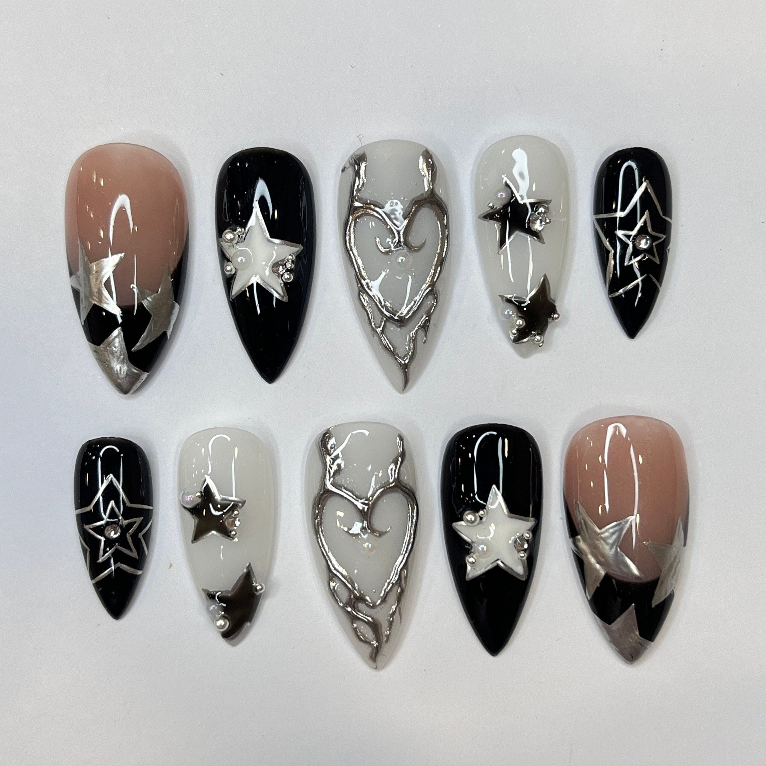 Freestyle Silver Stars Press On Nails, Elegant Fake Nails, Chrome Nails Art, Birthday Party Holiday Nails/ Valentine Nail Set
