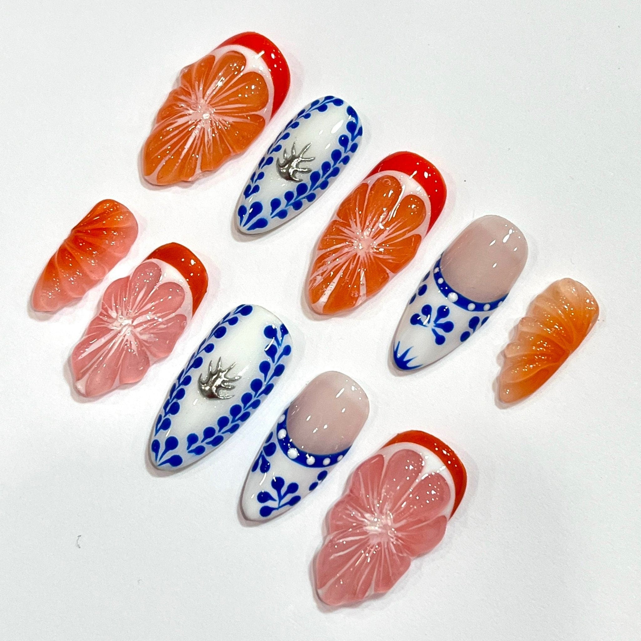 Free Style Summer Fruit  Almond Press On Nails, Handmade Fake Nails Nails, Unique Nails for Birthday Event Photograph Holiday Birthday