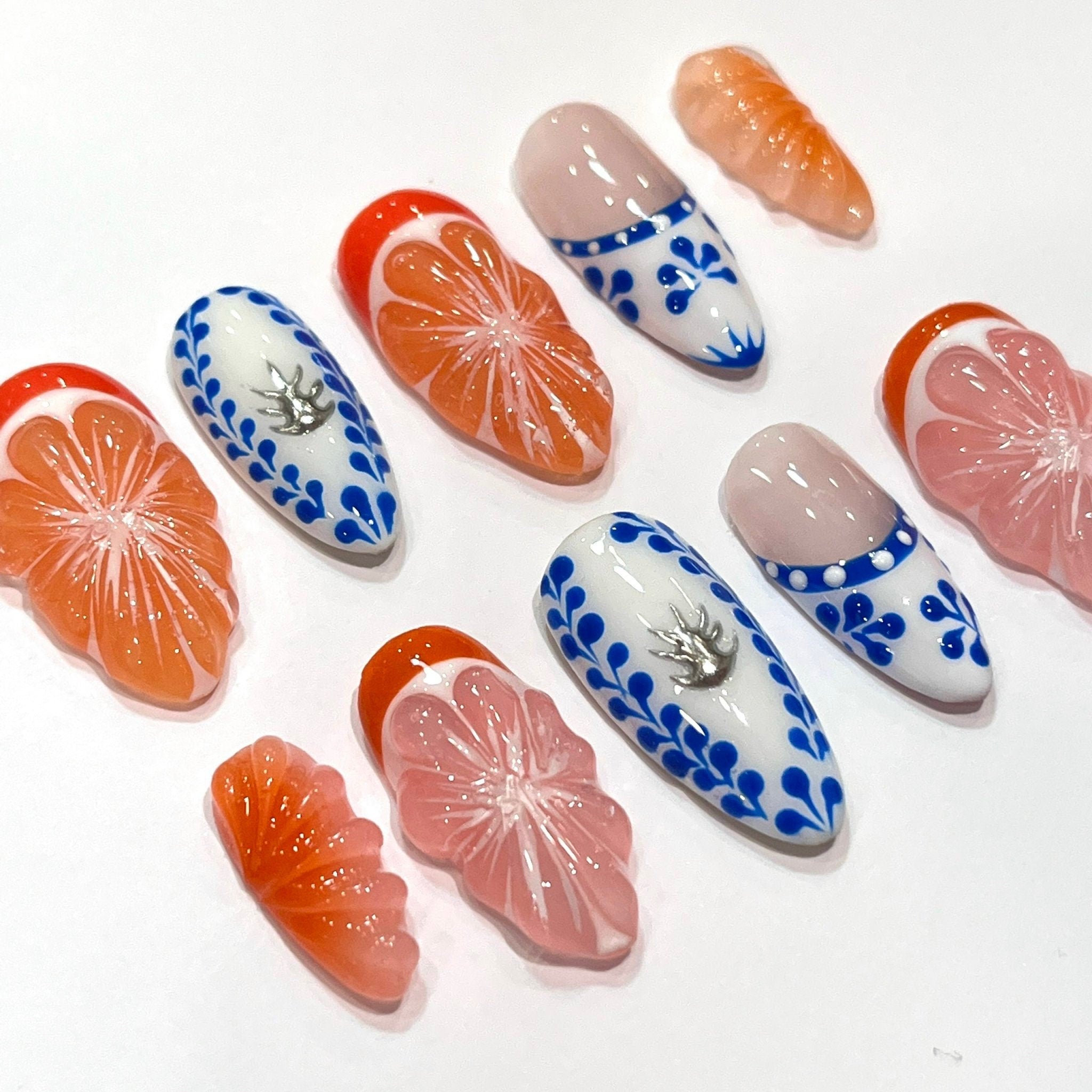 Free Style Summer Fruit  Almond Press On Nails, Handmade Fake Nails Nails, Unique Nails for Birthday Event Photograph Holiday Birthday