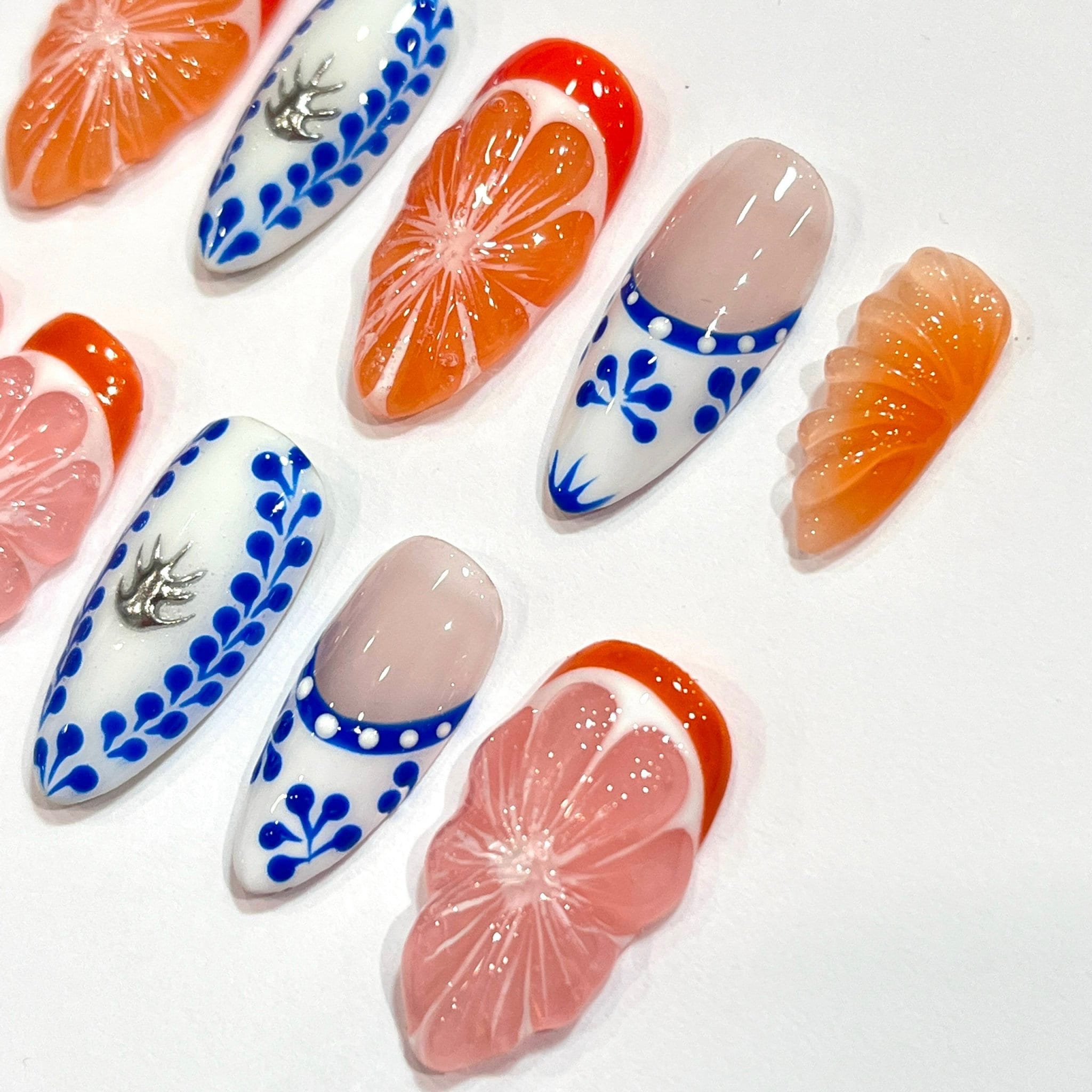 Free Style Summer Fruit  Almond Press On Nails, Handmade Fake Nails Nails, Unique Nails for Birthday Event Photograph Holiday Birthday