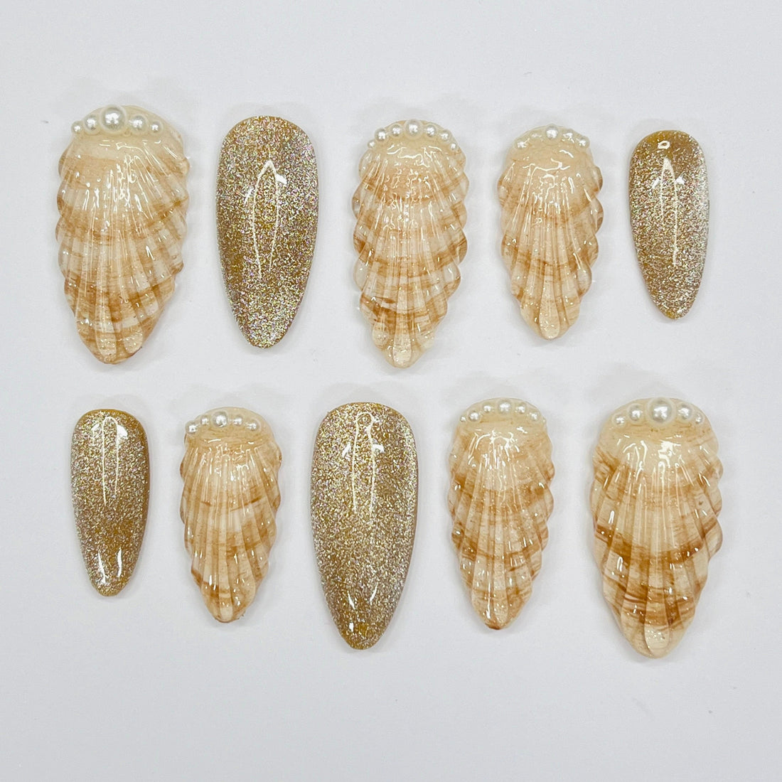 Ocean Inspired Seashell Medium Almond Press On Nails, Handmade Gel False Nails for Birthday Event Party Holiday Vacation