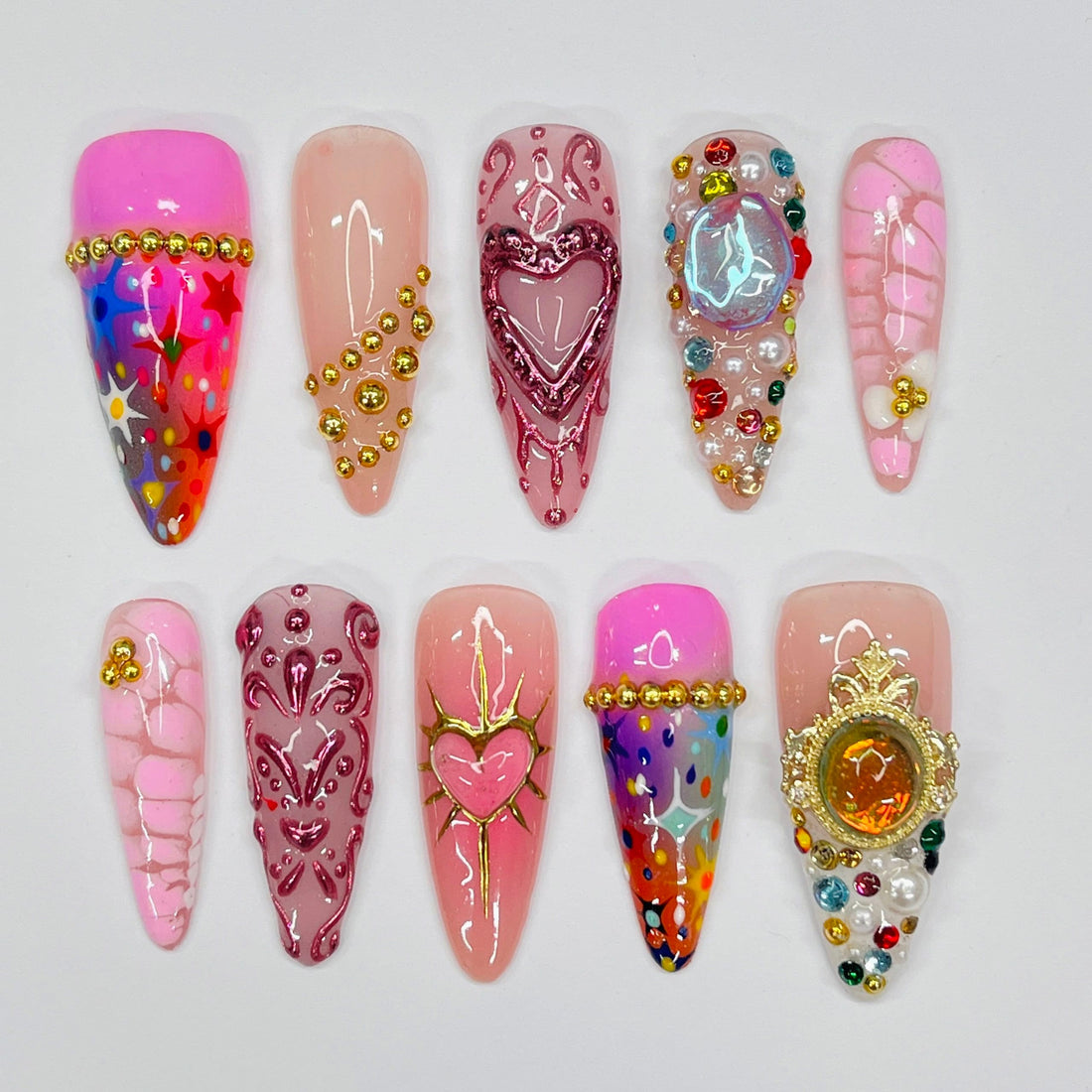 Royal Jelly Long Almond Press On Nails, Handmade Fake Nails, Unique Nails for Birthday Event Photograph Holiday Birthday Vacation