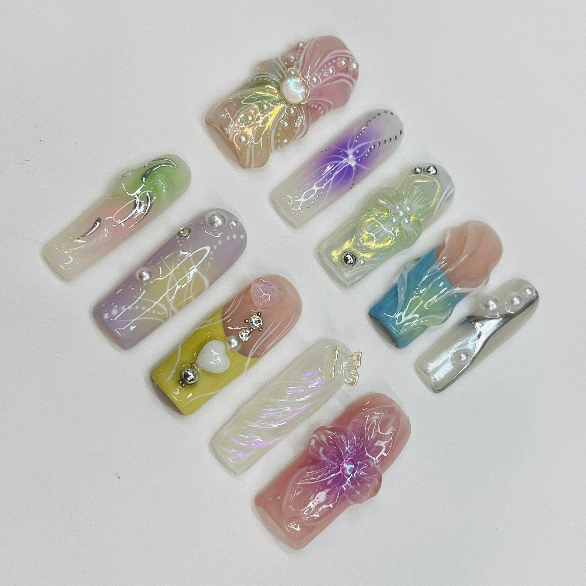 Spring Break - 3D Flowers Long Square Press On Nails, Handmade Gel False Nails for Birthday Event Party Holiday Vacation