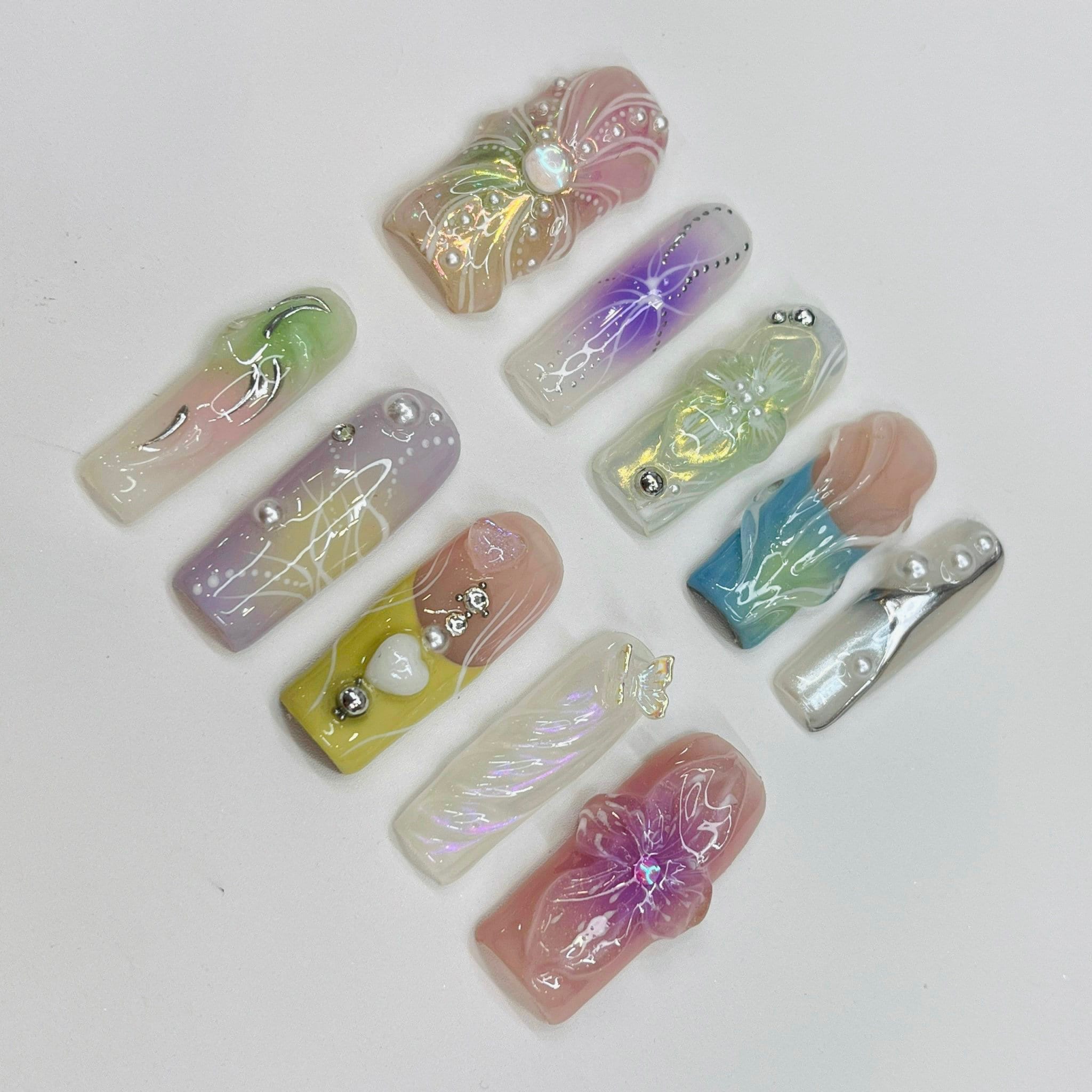 Spring Break - 3D Flowers Long Square Press On Nails, Handmade Gel False Nails for Birthday Event Party Holiday Vacation