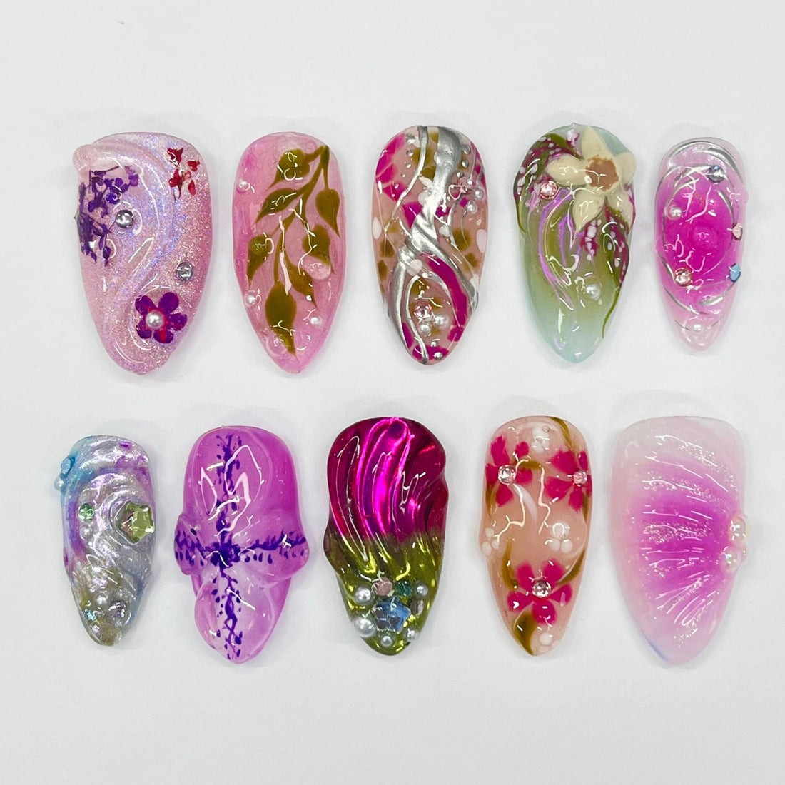 Cute 3D Purple Flower Medium Almond Press On Nails, Handmade Gel False Nails for Birthday Event Party Holiday Vacation