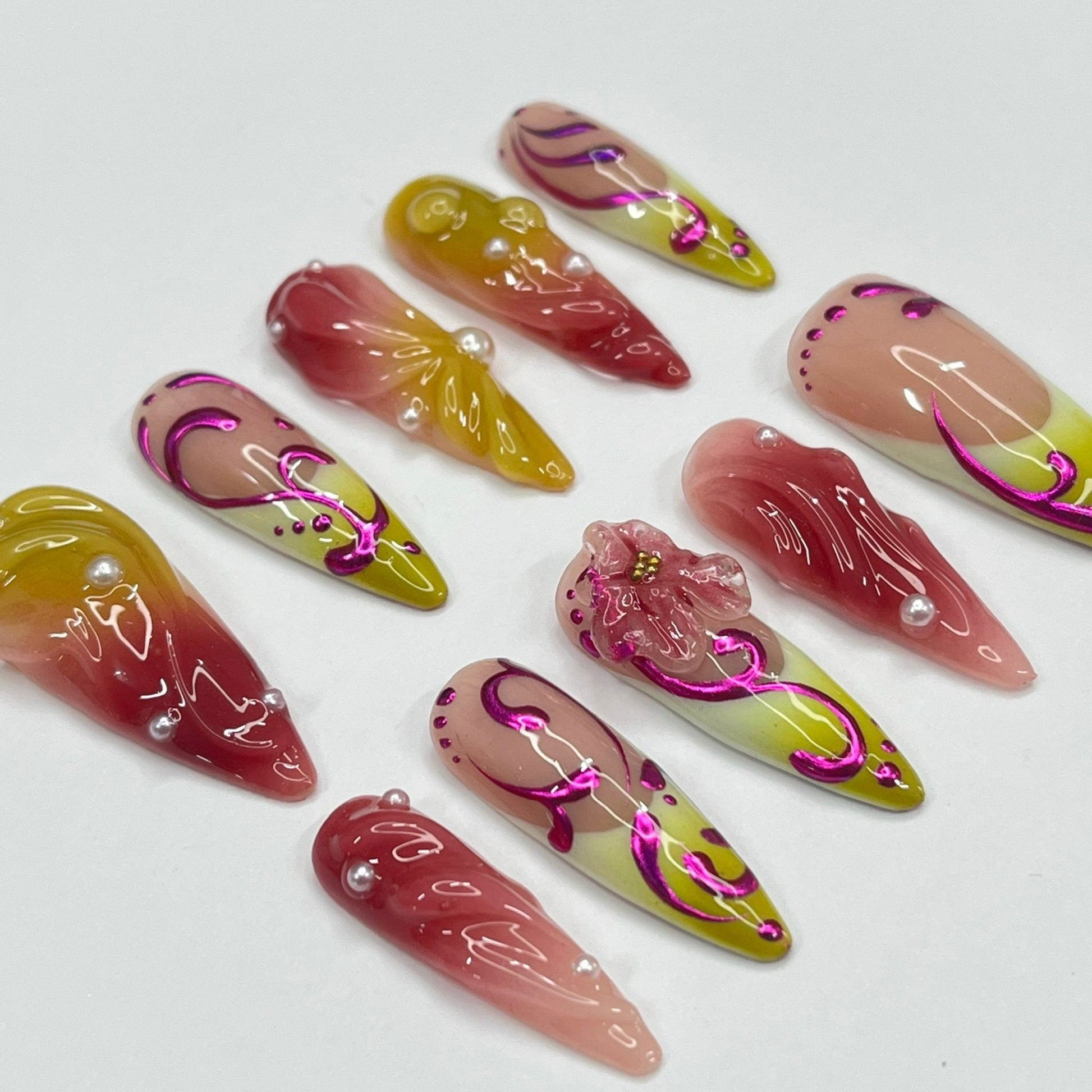 Mirage Fusion -  Purple Chrome 3D Gel Long Almond Press On Nails, Air Brush Fake Nails for Birthday Holiday Vacation, Gift for Her