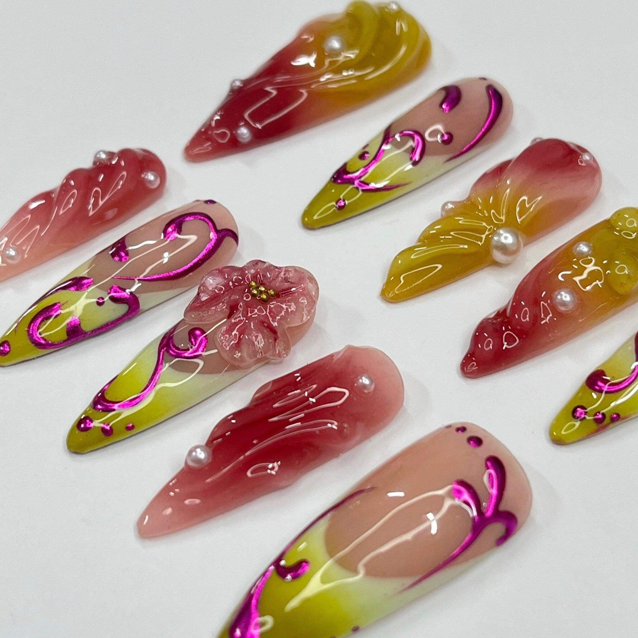 Mirage Fusion -  Purple Chrome 3D Gel Long Almond Press On Nails, Air Brush Fake Nails for Birthday Holiday Vacation, Gift for Her