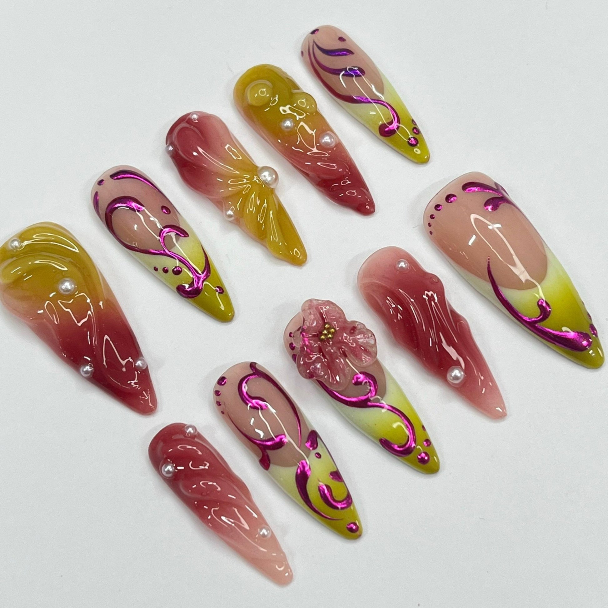 Mirage Fusion -  Purple Chrome 3D Gel Long Almond Press On Nails, Air Brush Fake Nails for Birthday Holiday Vacation, Gift for Her