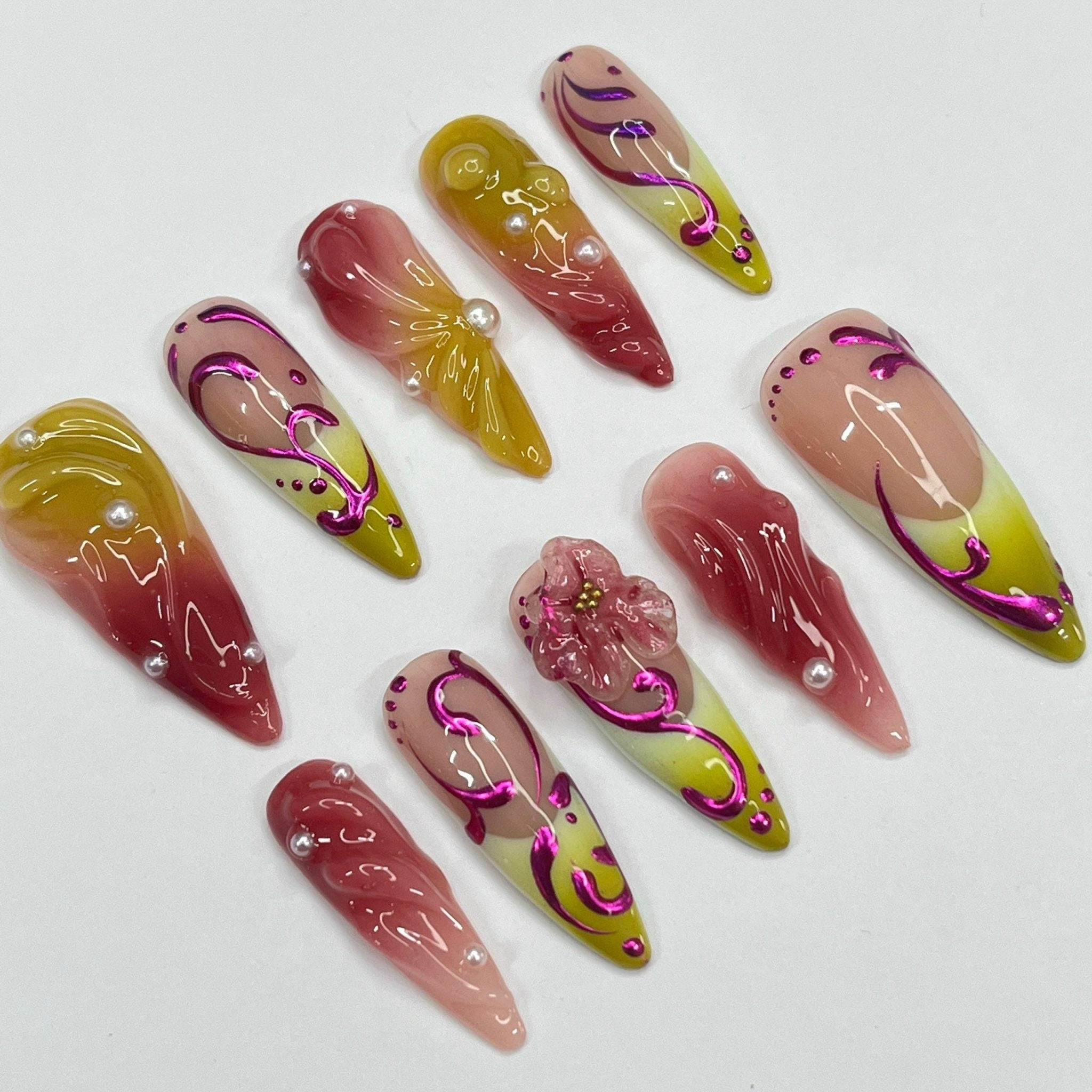Mirage Fusion -  Purple Chrome 3D Gel Long Almond Press On Nails, Air Brush Fake Nails for Birthday Holiday Vacation, Gift for Her