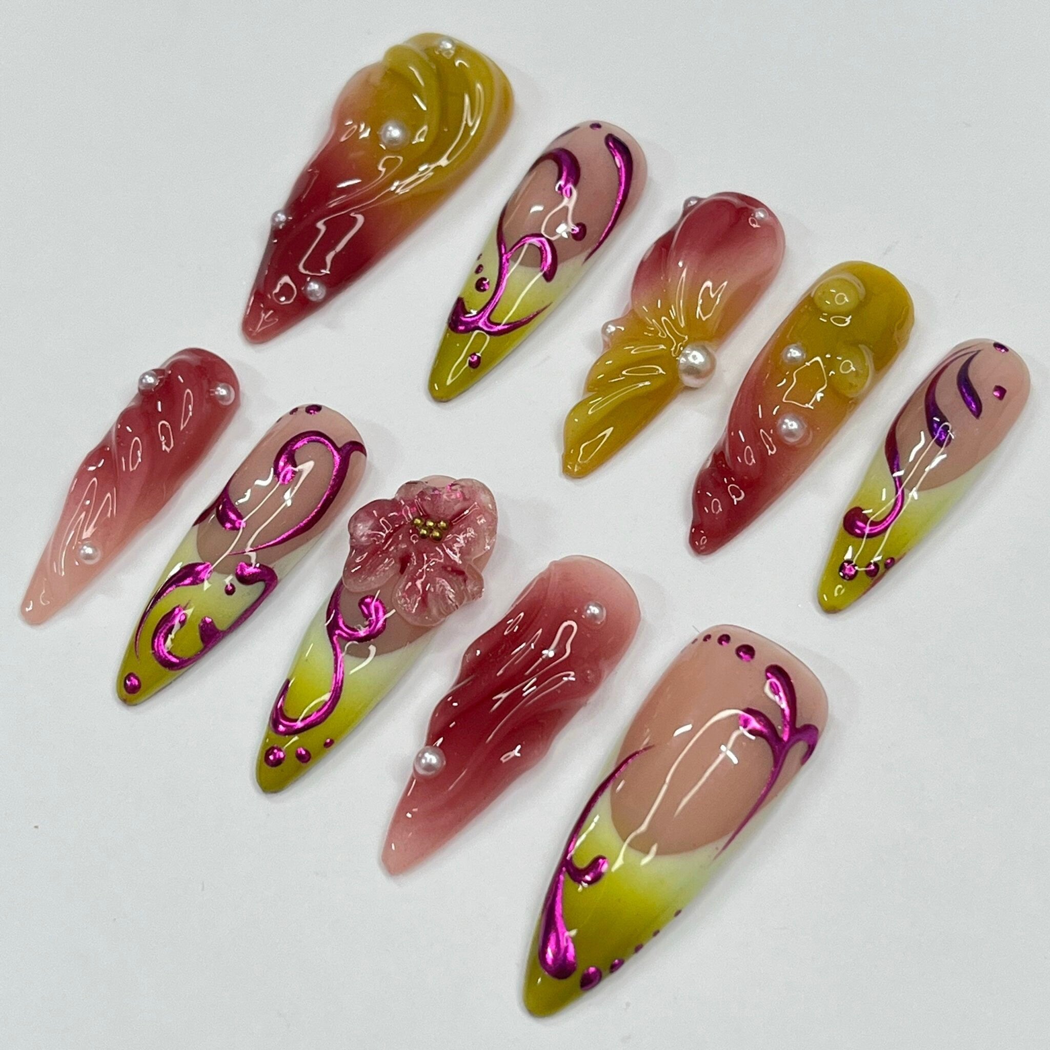 Mirage Fusion -  Purple Chrome 3D Gel Long Almond Press On Nails, Air Brush Fake Nails for Birthday Holiday Vacation, Gift for Her