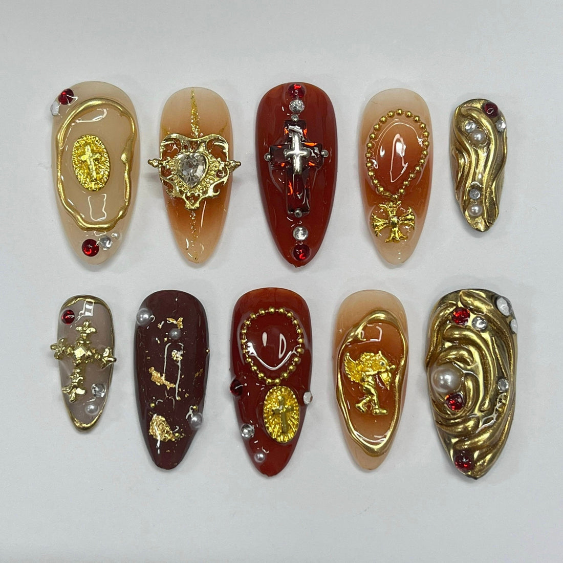Earthy Color With Gold Chrome Press On Nails, Handmade 3D False Nails, Unique Nail Design for Birthday Party Holiday,Vacation , Gift for Her