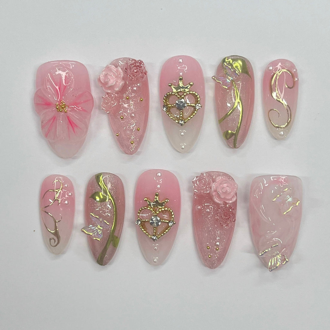Elegance 3D Flower Medium Almond Press On Nails, Handmade Floral Spring Nails, Unique Nail for Birthday Party Holiday,Vacation