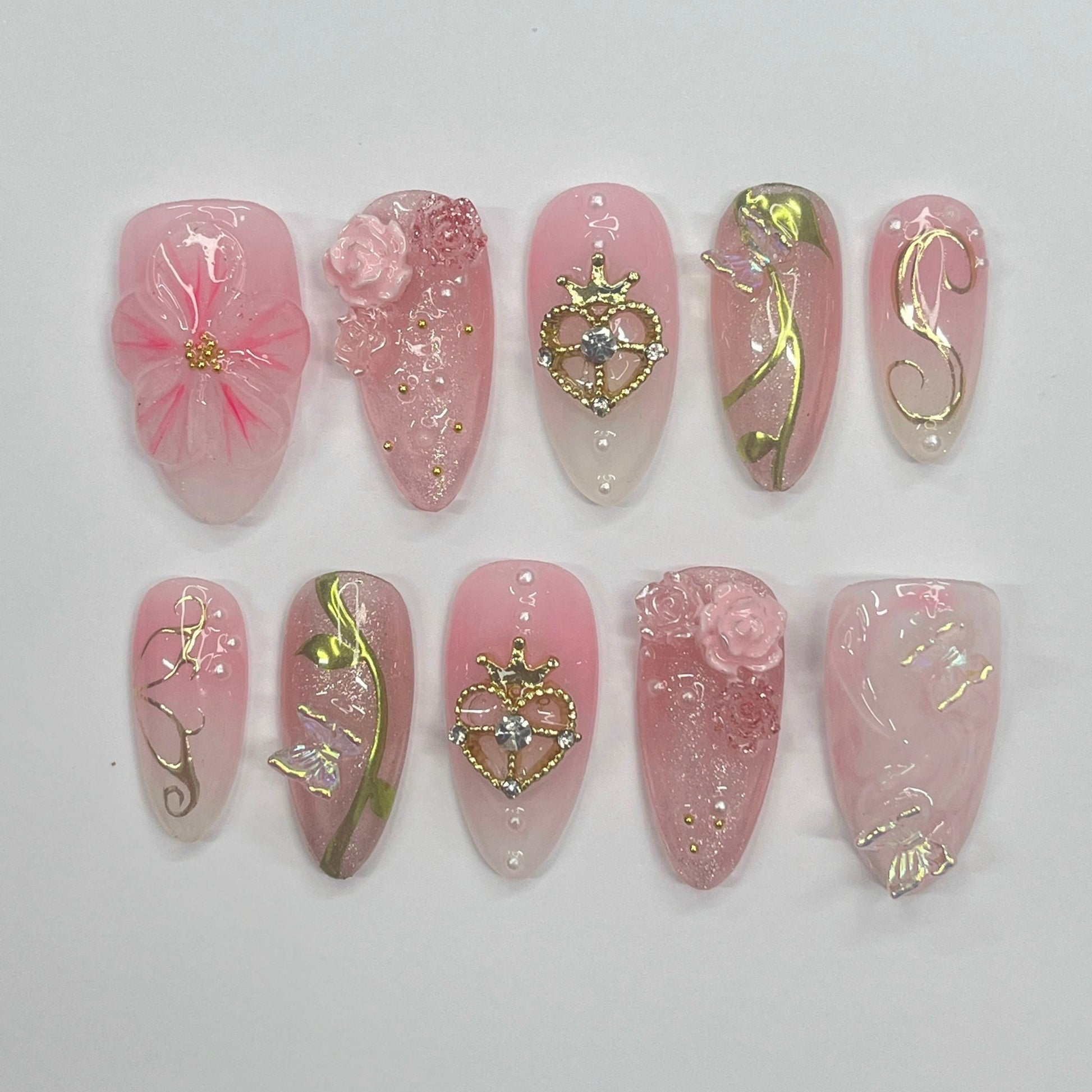 Elegance 3D Flower Medium Almond Press On Nails, Handmade Floral Spring Nails, Unique Nail for Birthday Party Holiday,Vacation
