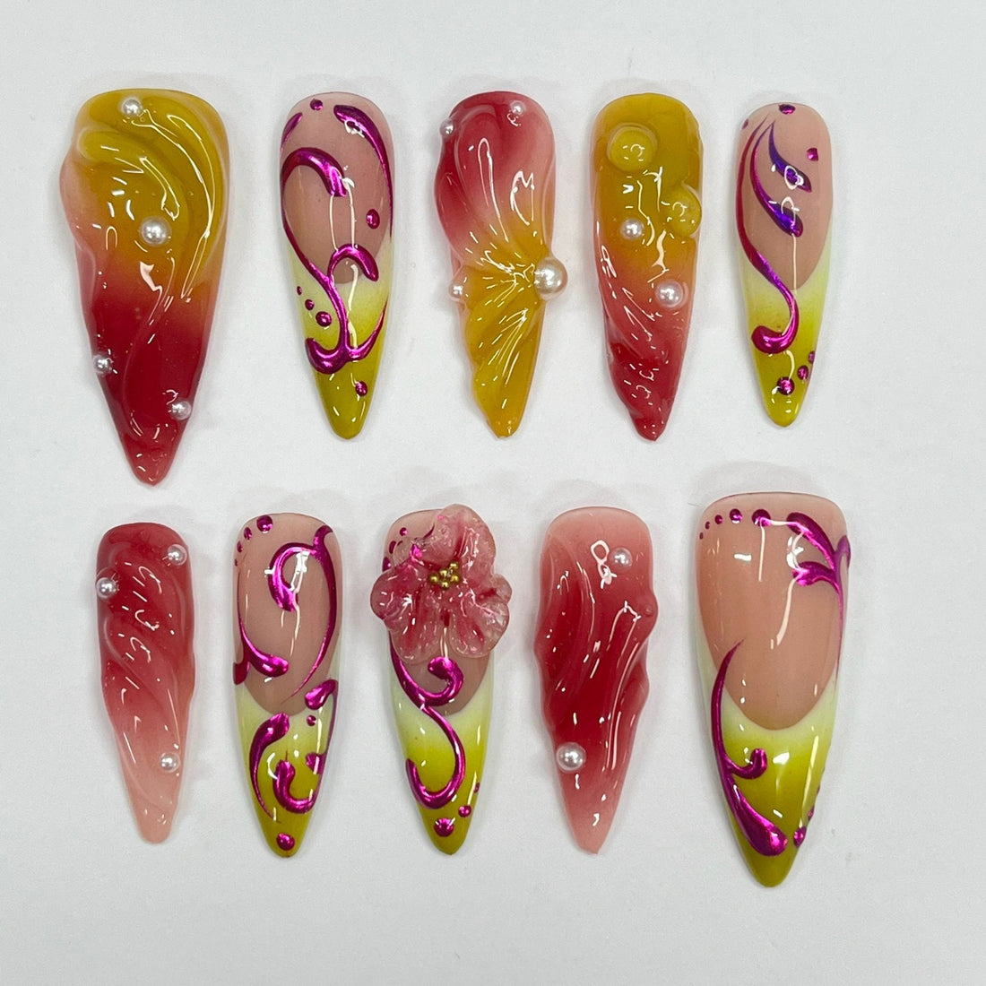 Mirage Fusion -  Purple Chrome 3D Gel Long Almond Press On Nails, Air Brush Fake Nails for Birthday Holiday Vacation, Gift for Her