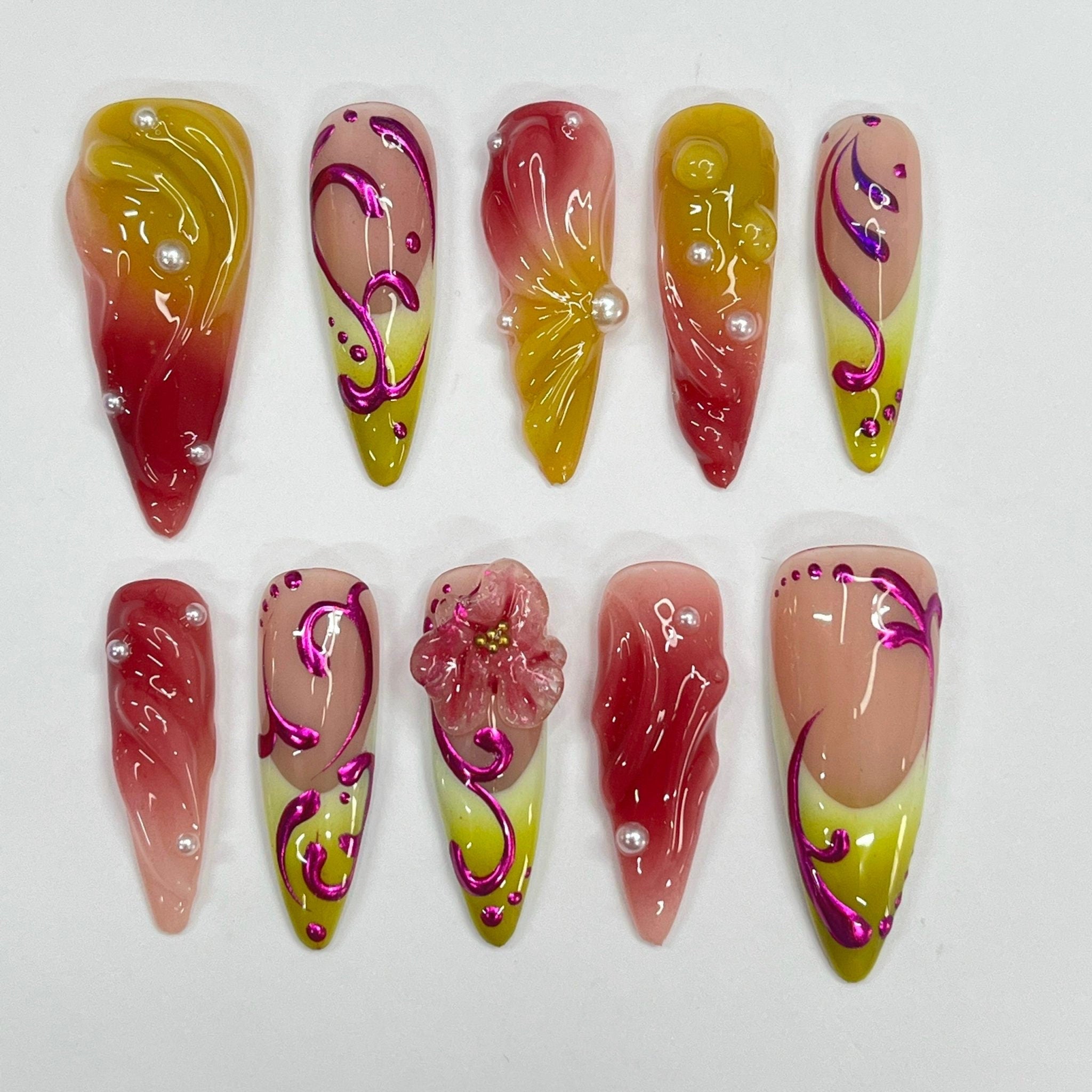 Mirage Fusion -  Purple Chrome 3D Gel Long Almond Press On Nails, Air Brush Fake Nails for Birthday Holiday Vacation, Gift for Her