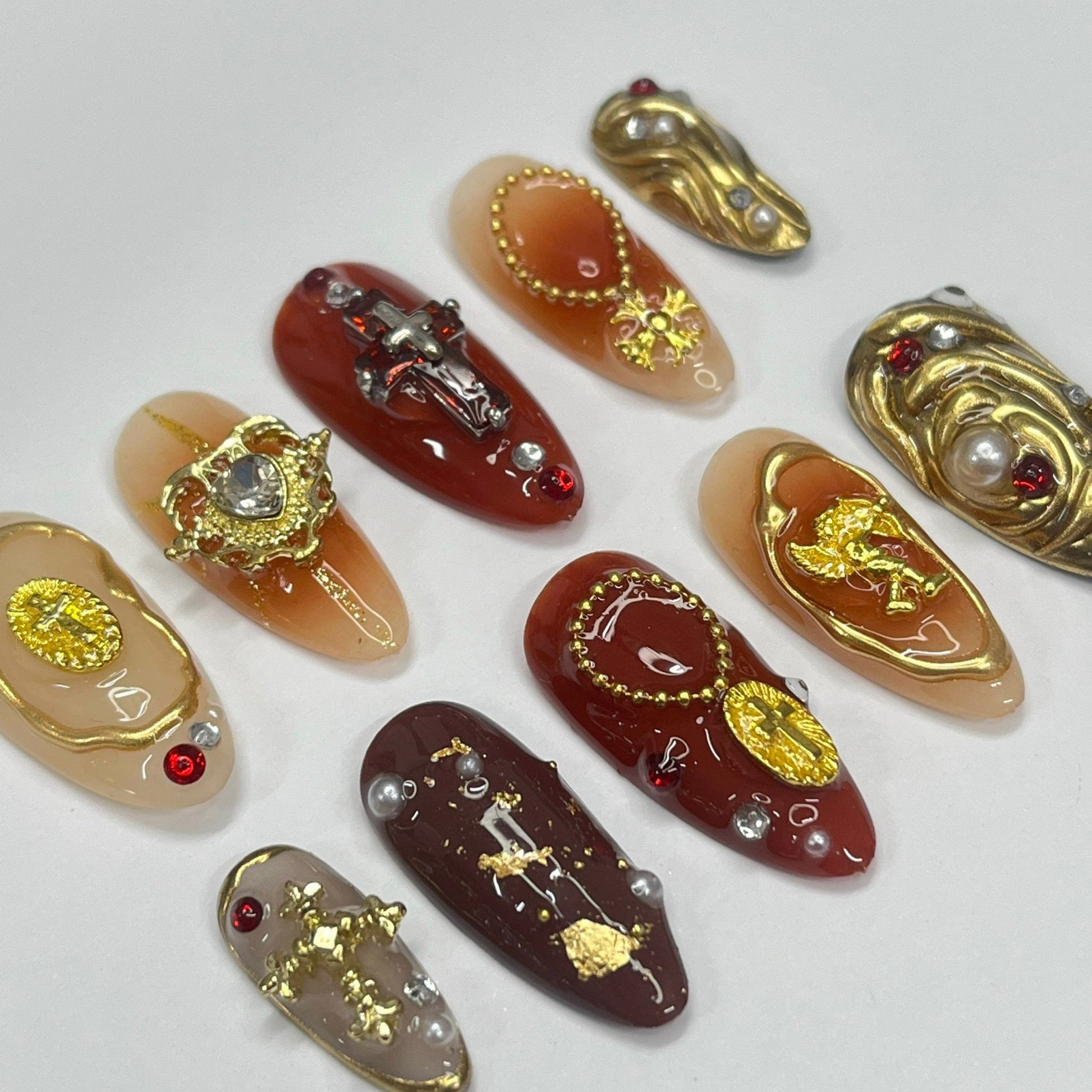 Earthy Color With Gold Chrome Press On Nails, Handmade 3D False Nails, Unique Nail Design for Birthday Party Holiday,Vacation , Gift for Her