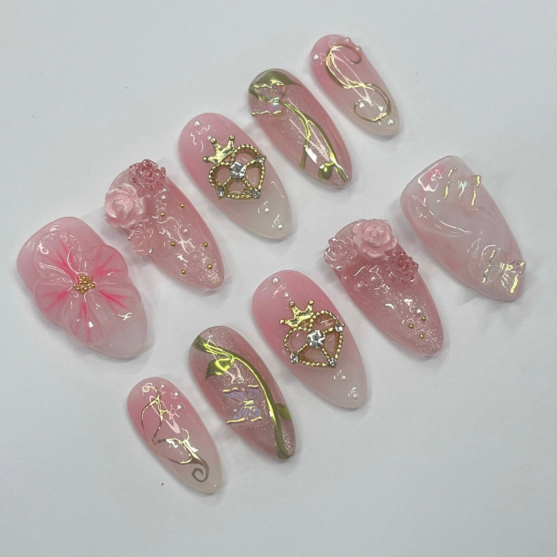 Elegance 3D Flower Medium Almond Press On Nails, Handmade Floral Spring Nails, Unique Nail for Birthday Party Holiday,Vacation