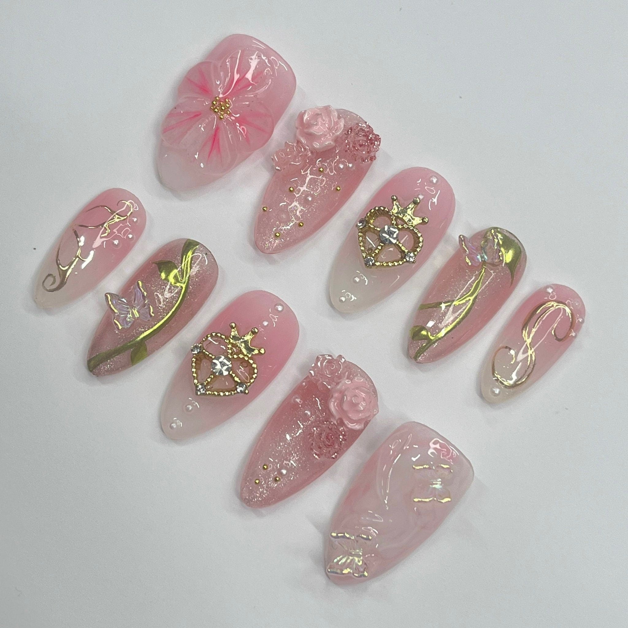 Elegance 3D Flower Medium Almond Press On Nails, Handmade Floral Spring Nails, Unique Nail for Birthday Party Holiday,Vacation