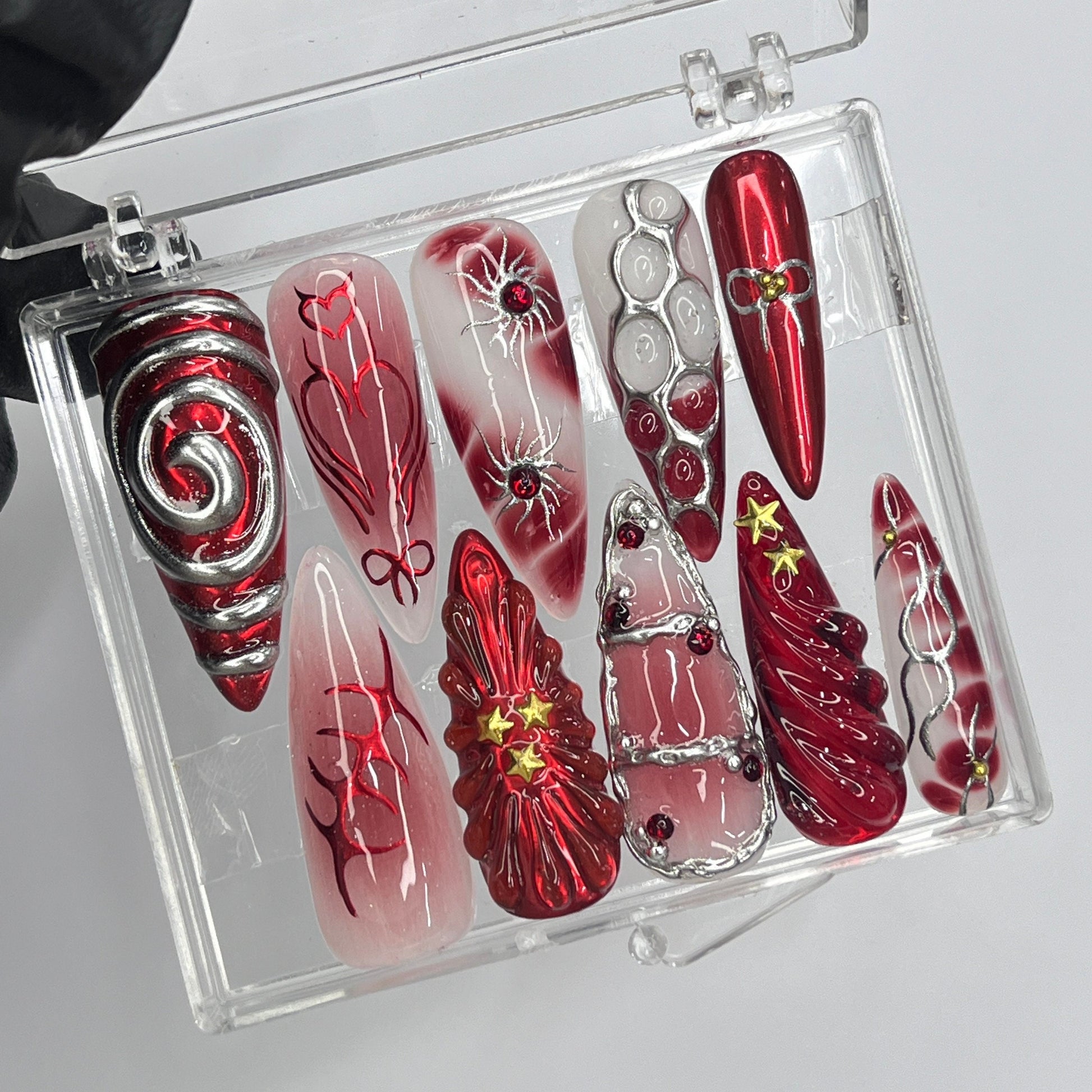 Free Style Red Theme Long Almond Press On Nails, Floral Handmade Gel False Nails for Birthday Event Party Holiday Vacation, Spring Nails