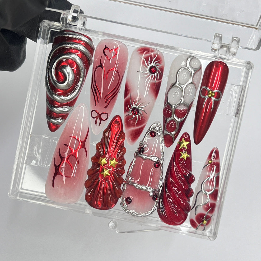 Free Style Red Theme Long Almond Press On Nails, Floral Handmade Gel False Nails for Birthday Event Party Holiday Vacation, Spring Nails