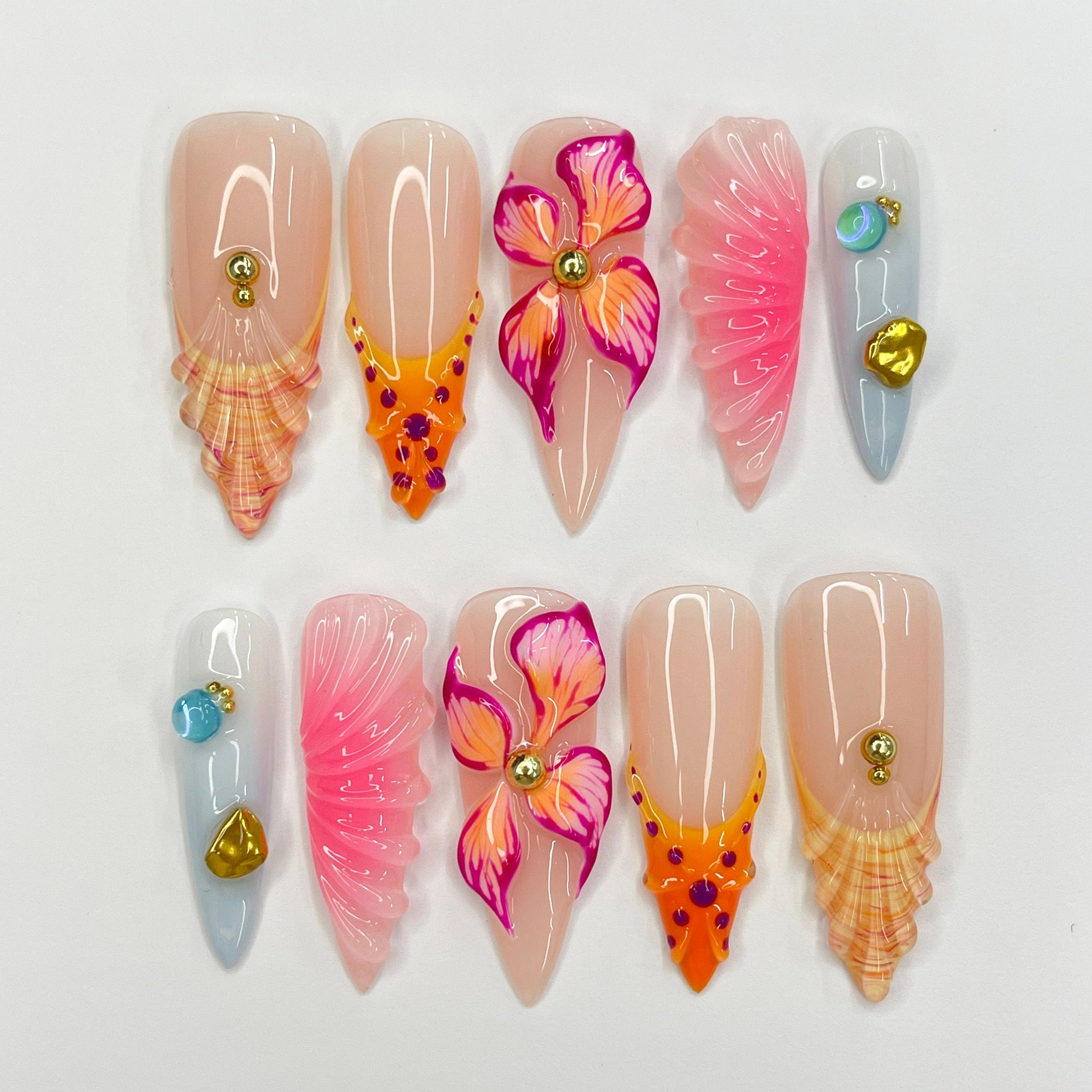 3D Flower With Seashell French Tip Long Almond Press On Nails, Unique Design Fake Nail Art, Beauitful Nail for Birthday Vacation Holiday