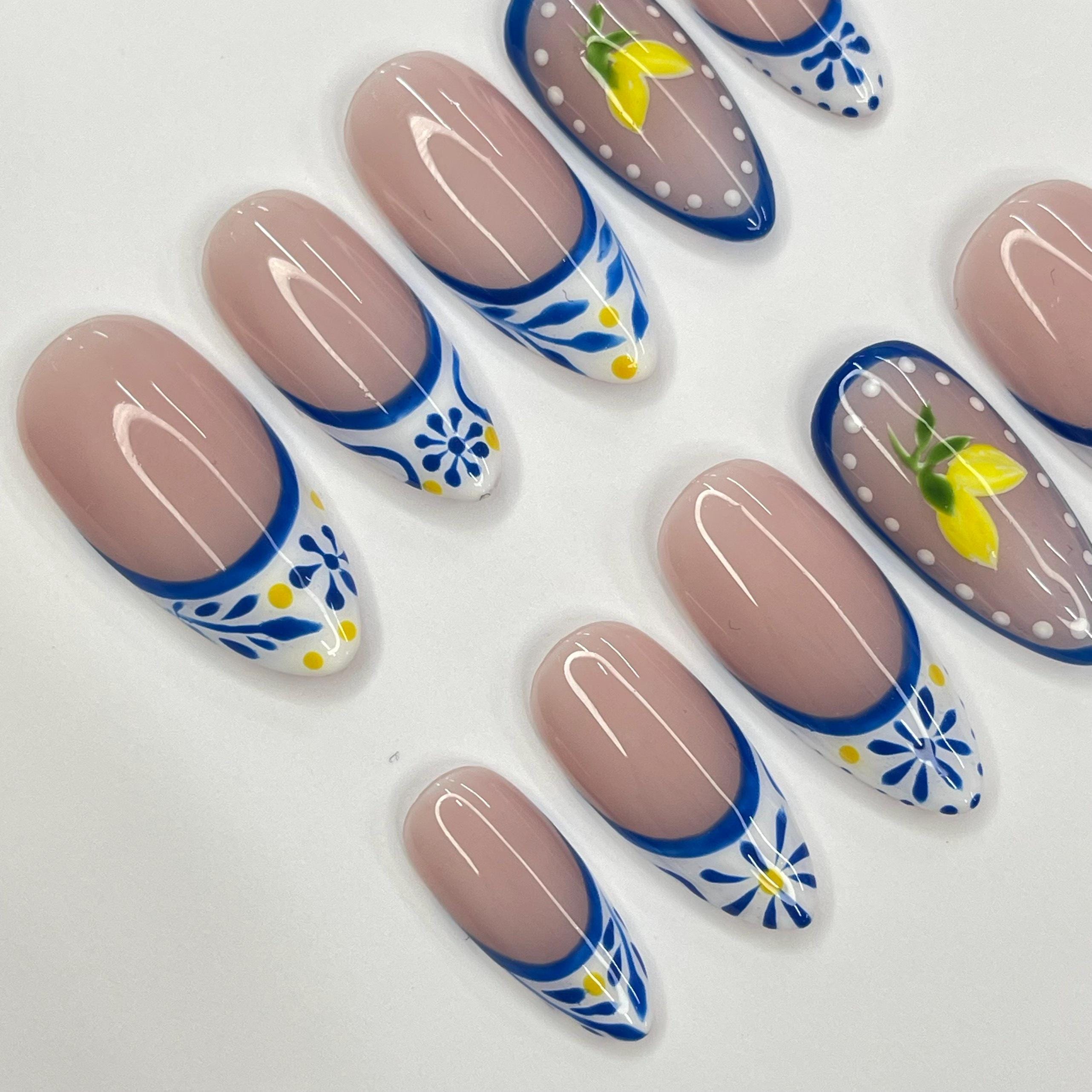Grecee Summer French Tip Medium Almond Press On Nail, Custom Design Nail Art, Fake Nail for Birthday, Holiday Nail, Gift For Her