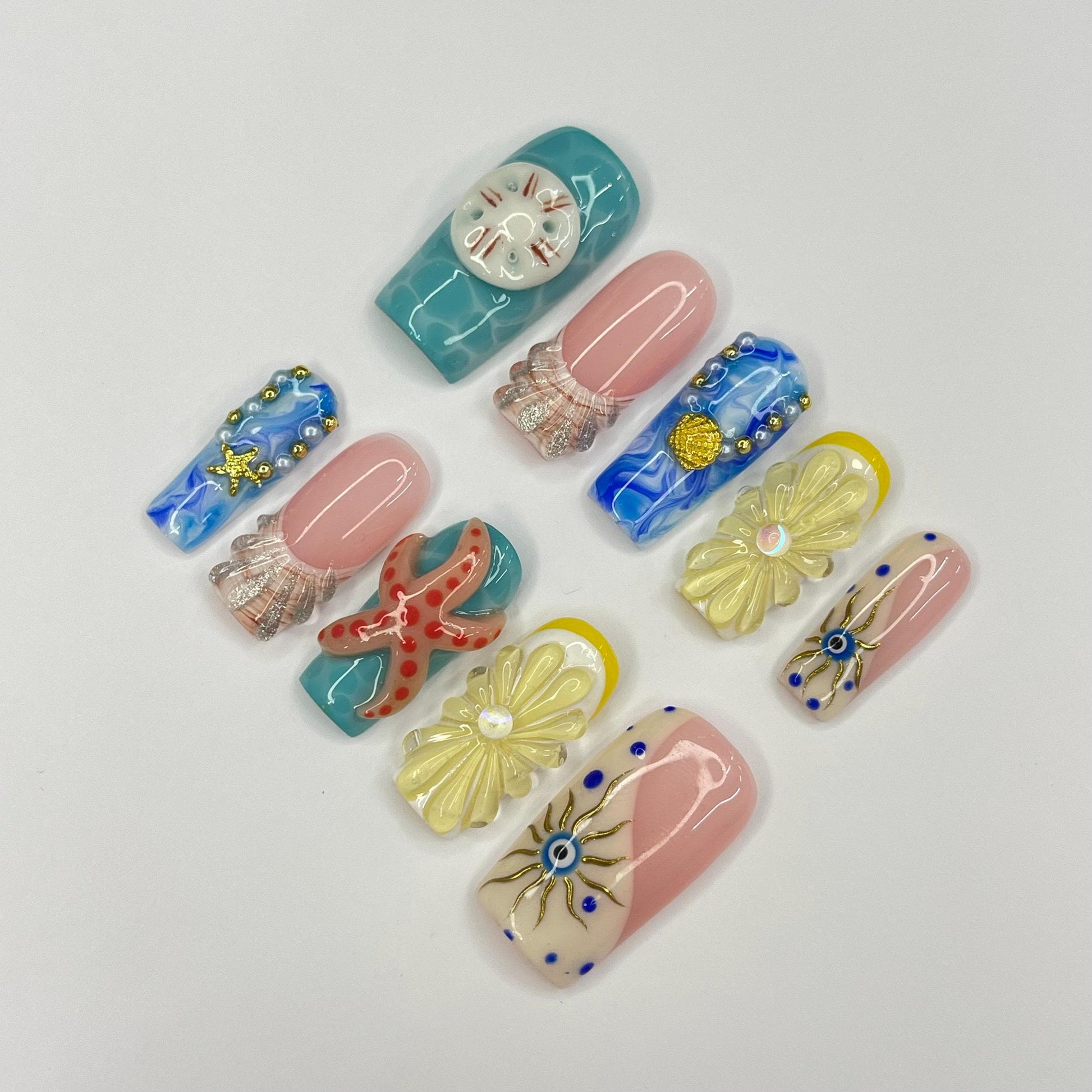 Summer Theme Medium Square Press On Nails, Ocean Inspired Fake Nails Art, 3D Gel Nails for Summer Holiday, Vacation, Event