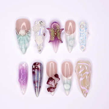 Freestyle 3D Seashell Gel Nail Long Stiletto Press On Nail, Custom Design Nail Art, Fake Nail for Birthday, Holiday Nail, Gift For Her