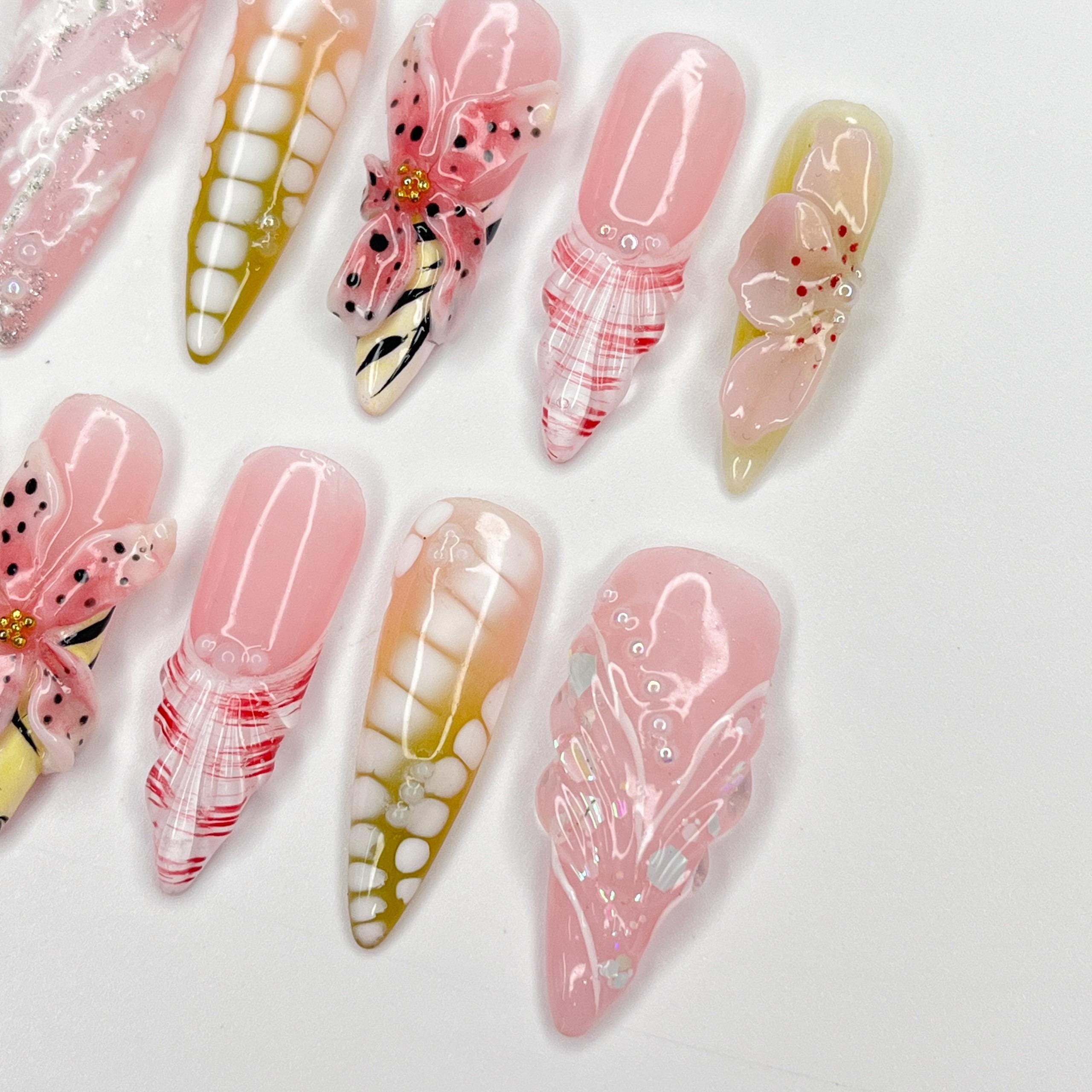 Butterfly Bloom Stiletto Press-On Nails with 3D Floral Accents & Plaid Details – Handmade Whimsical Nails for a Unique, Elegant Look or Gift
